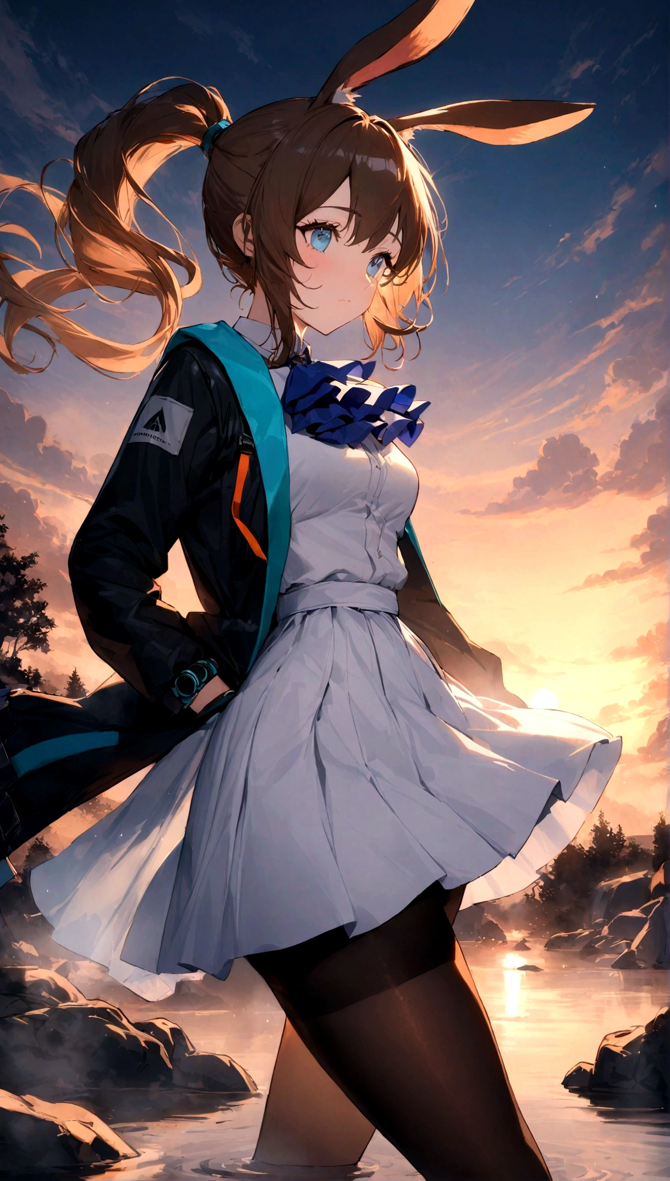 masterpiece, best quality, very aesthetic, absurdres, floating hair, floating clothes, Epic and grandiose scenes,,amiya_(arknights), animal ears, rabbit ears, blue eyes, brown hair, tight medium hair, half-up, long ponytail,black jacket, blue skirt, blue ascot, white dress shirt, fly front, tights,,in hot spring,Onsen