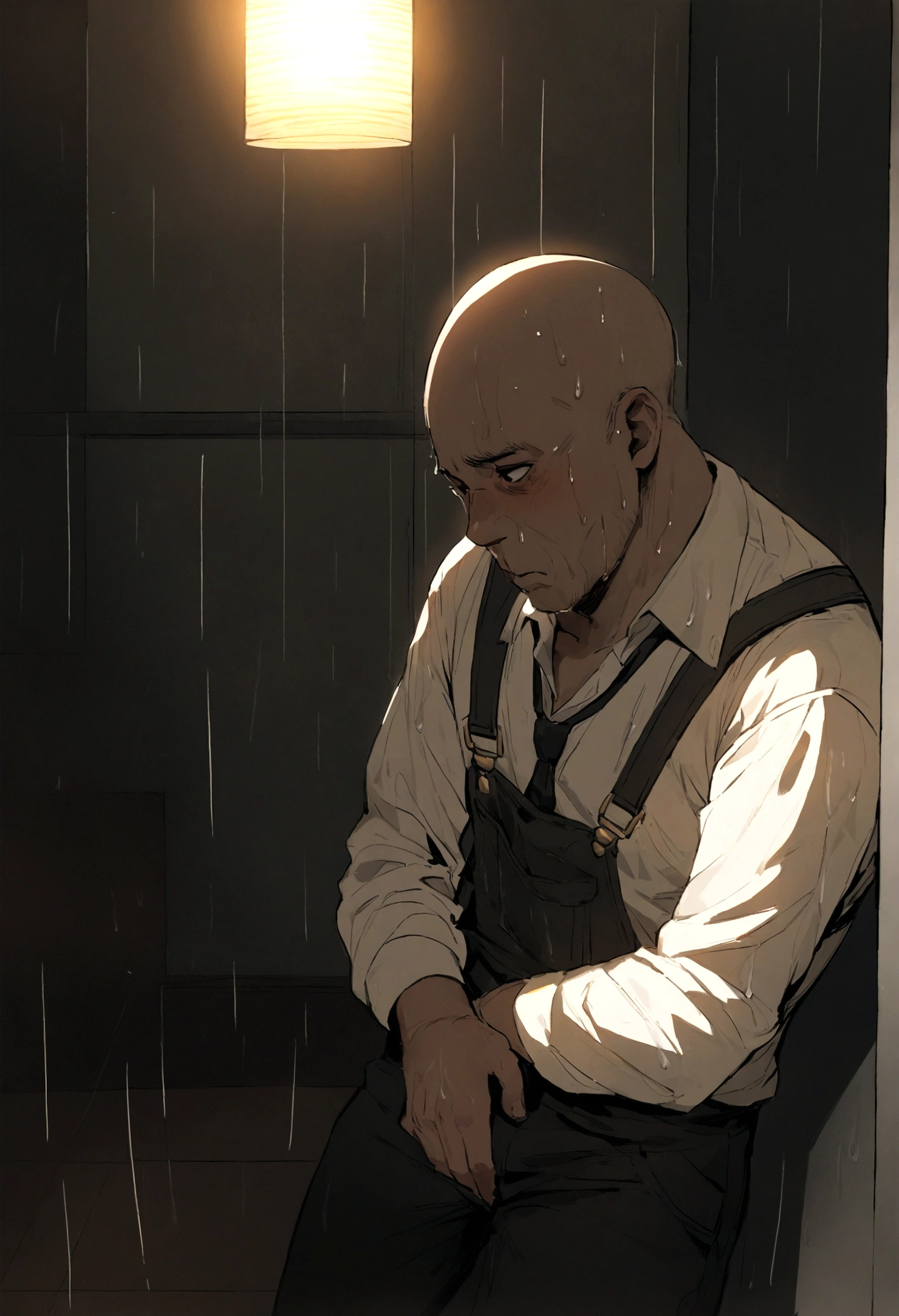((A 17-year-old kissing a 46-year-old middle-aged man))、((Men))、((Wearing a white shirt and tie))、(((A dark and suspicious classroom in a hotel at night)))、((The facial expression of orgasm))、,Short Hair、(buzzcut)、A little muscular、((Wet with rain))、((Masculine))、Detailed facial expressions、(masterpiece),highest quality,Excellent anatomy、、Overall dark atmosphere