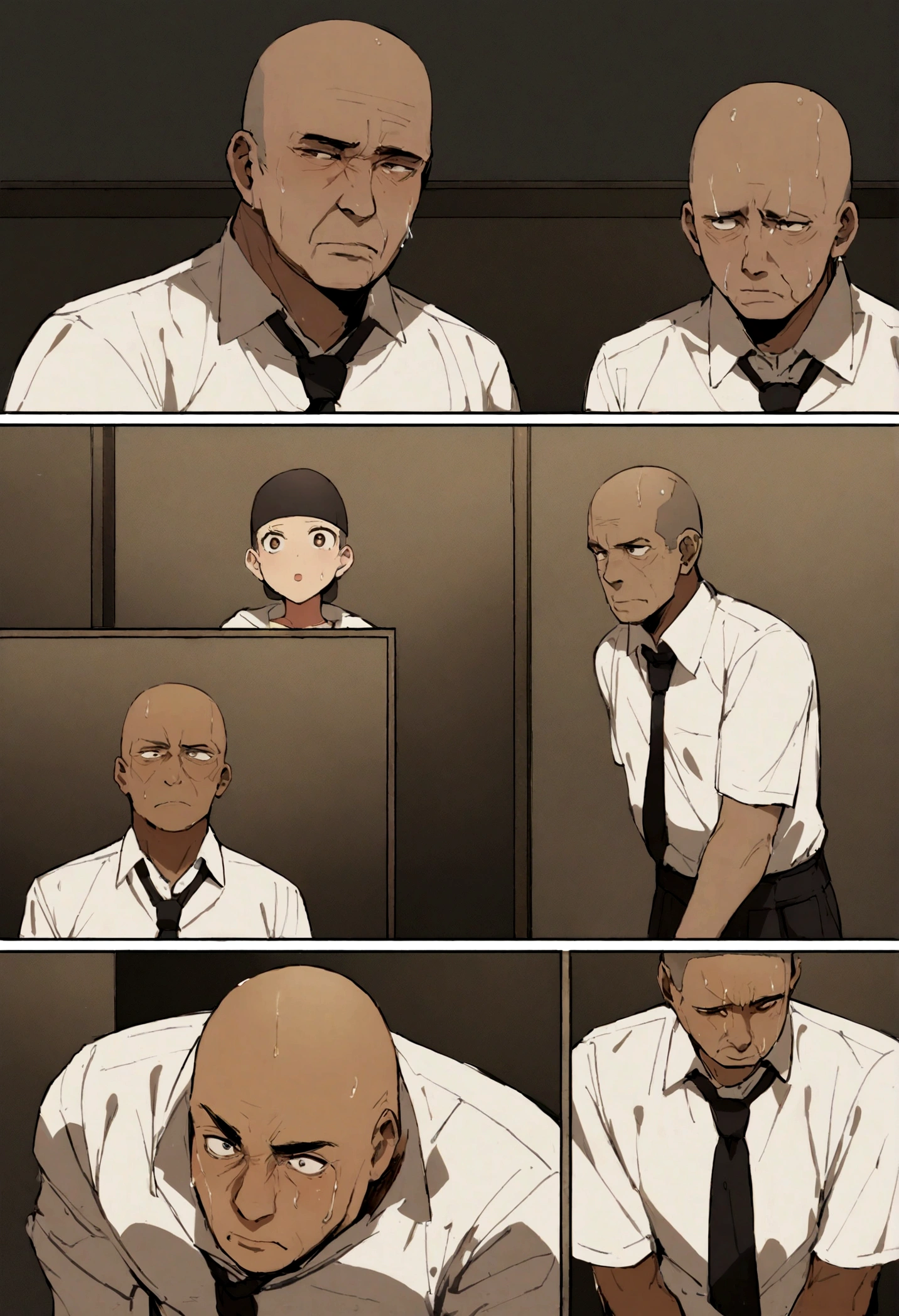((A 17-year-old  kissing a 46-year-old middle-aged man))、((Men))、((Wearing a white shirt and tie))、(((A dark and suspicious classroom in a hotel at night)))、((The facial expression of orgasm))、,Short Hair、(buzzcut)、A little muscular、((Wet with rain))、((Masculine))、Detailed facial expressions、(masterpiece),highest quality,Excellent anatomy、、Overall dark atmosphere