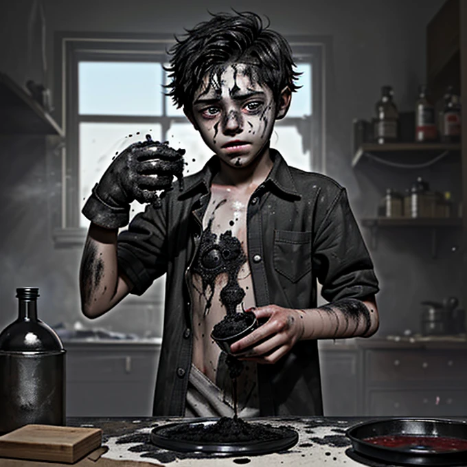A boy who failed to make a concoction and ended up covered in soot after it exploded