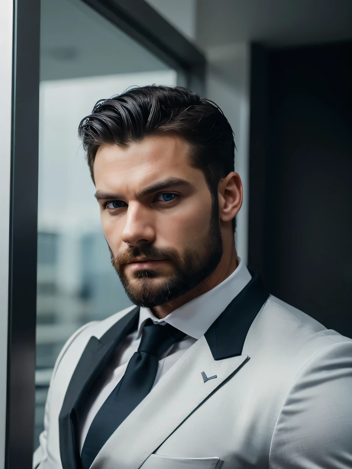 muscular man, handsome man, charming blue eyes, straight black hair, short stubble, full muscles, (wearing an elegant suit), serious, mysterious, bearded face, professional lighting, professional photography, realistic photos, realistic model, realistic