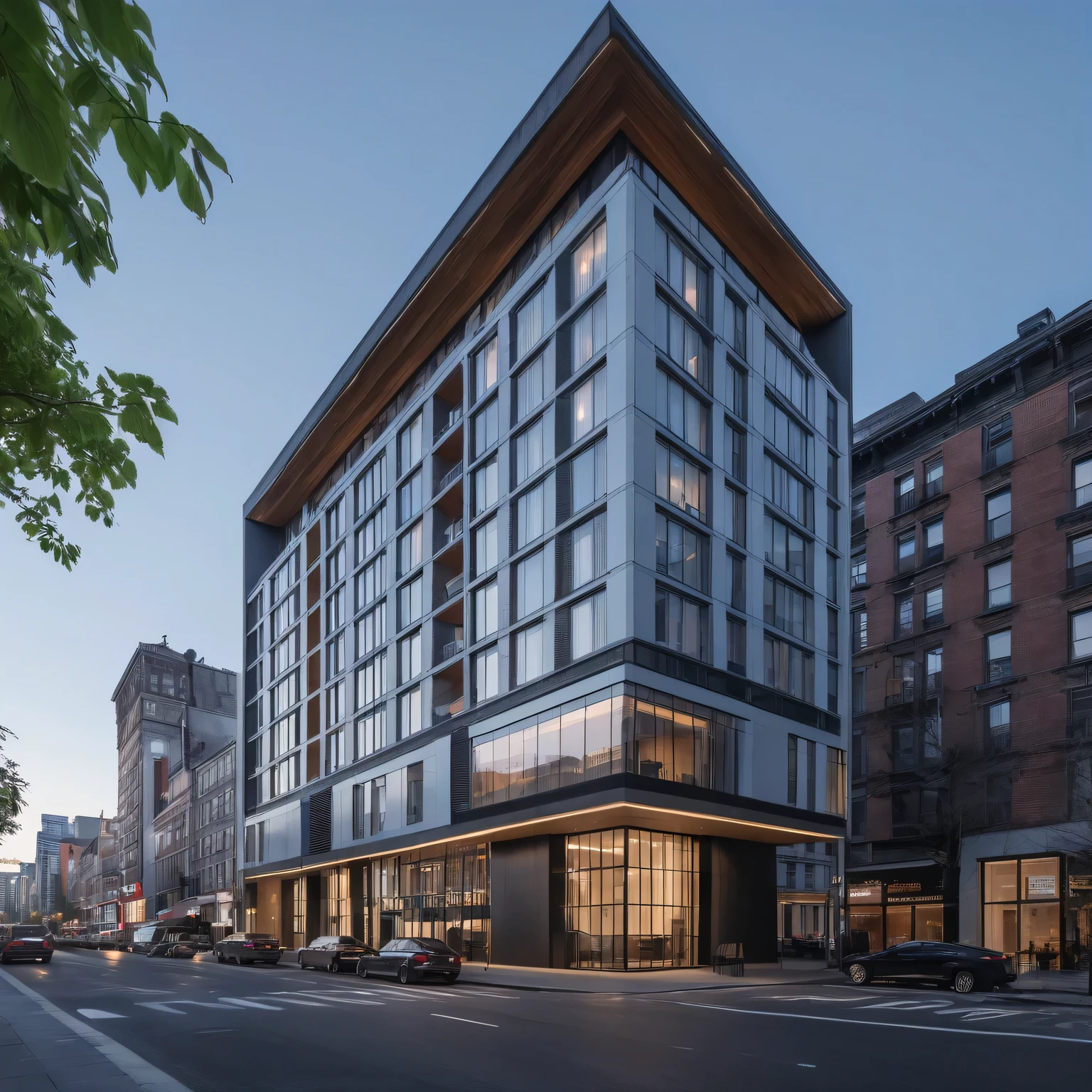 Raw photo,Masterpiece, high quality, best quality, authentic, super detail,
modern style, aiaigroup, apartment building, outdoors,building, scenery, city, road, window , minimalist line, 
,located in the city center, daylight, realistic, tree,, real world location, street