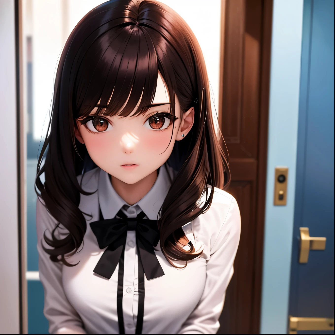 Anime girl with long hair and bow tie standing in front of a door ...