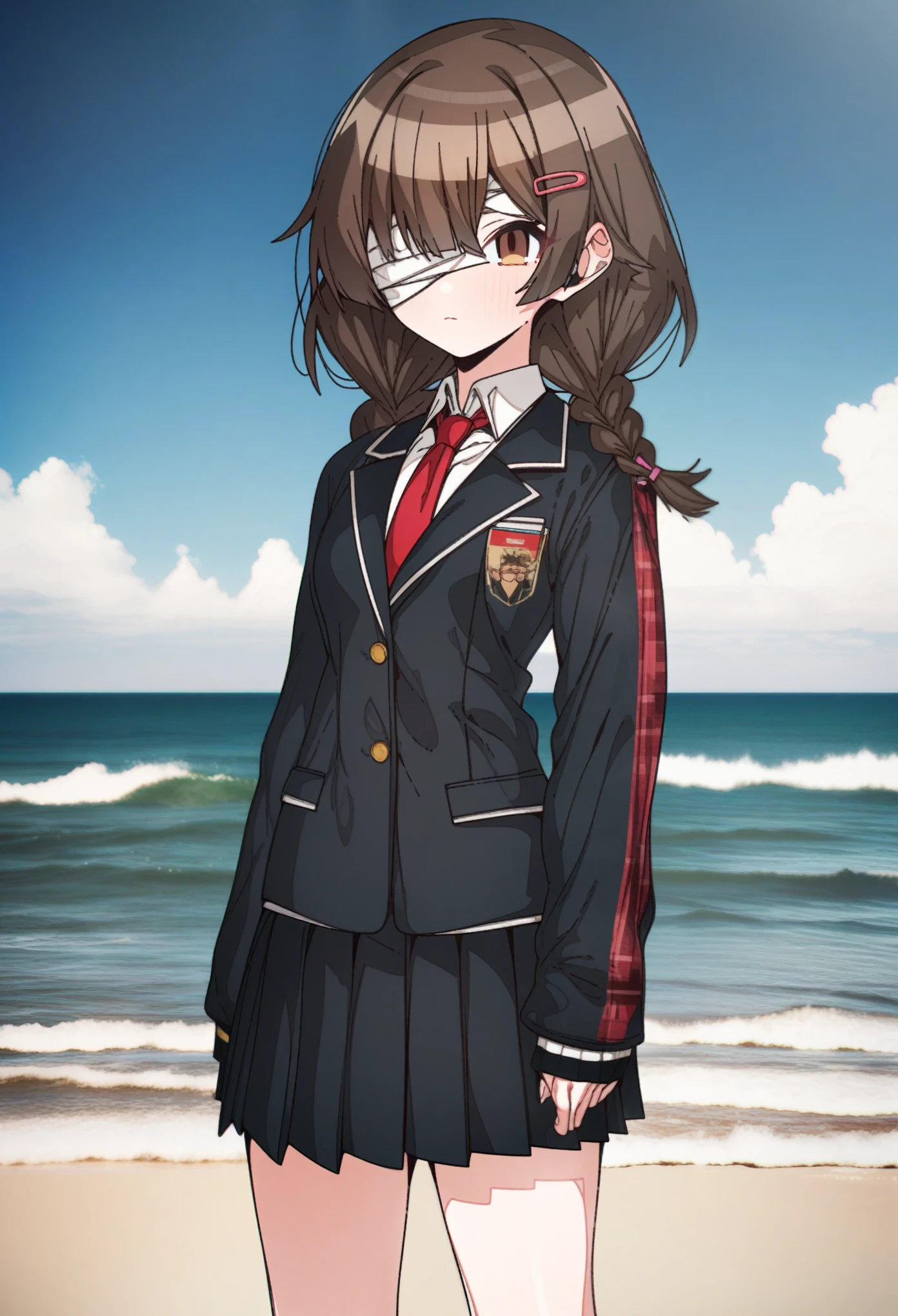 hoshino_(blue_archive) with brown hair and brown eyes, Artist, erere, Copyrights, idolmaster, idolmaster_shiny_colors, Character, General, 1girl, brown_hair, blunt_bangs, blush, medium_breasts, breasts, detailed eyelashes, beautiful girl:1, brown_eyes, censored, clouds, detailed background, school_uniform, black_sleeves, pleated skirt:1.2, blazer, hair_clip, twin_braids, red tie, medium shot photography:1.1, standing in middle:1.1, sea, sky:1.5, round_eyes, detailed, outdoors, looking_at_viewer, masterpiece, best_quality, great_quality, girl, solo, center_composition, centered character, cute, (bandages_over_one_eye, bandaged_head), standing on the beach in the air