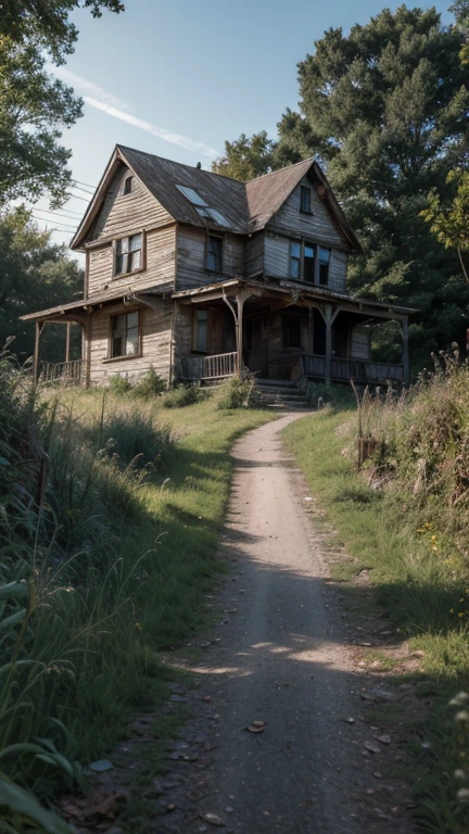 An old, abandoned house on a hill with a rusty gate and an aura of mystery, surrounded by overgrown weeds and shadows. Set during the night.