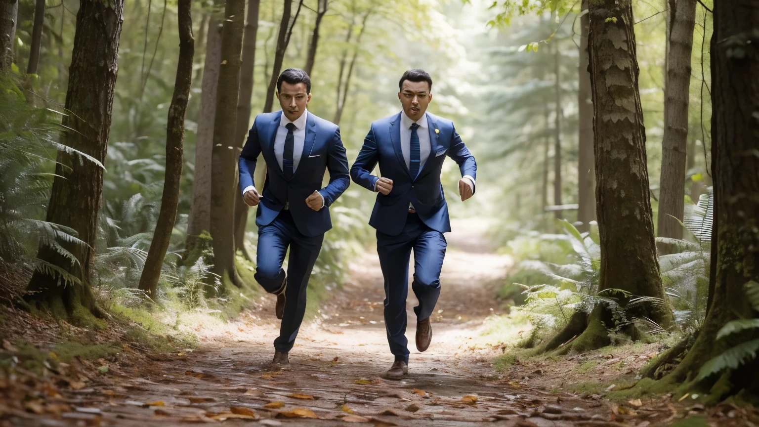 ((melhor qualidade)), ((Obra de arte)), (detalhado), men in suits and ties running very scared, terrified, in the middle of the forest. forest environment
