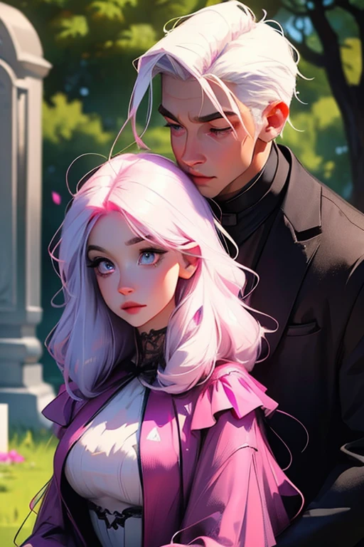 A pink haired woman with violet eyes with an hourglass figure in a Gothic ballgown is hugging a young white haired man with ruby eyes in a gothic suit in a cemetery
