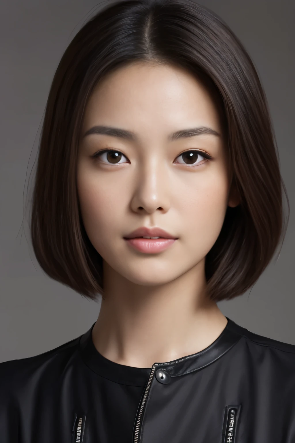 Create a (( mid-shot )) photorealistic image of a beautiful Asian woman with fair, smooth, flawless skin. She has large, round, sparkling eyes with naturally long and curled eyelashes, and well-defined, dark eyebrows. Her nose is straight and high, and her naturally pink, soft lips form a gentle smile. She has short, slightly curled brown hair that highlights her delicate facial features. Her face is oval-shaped, with a wide and high forehead, moderately high cheekbones, and a pointed, slender chin. She ((dark black fabric bra and biker jacket)),(
