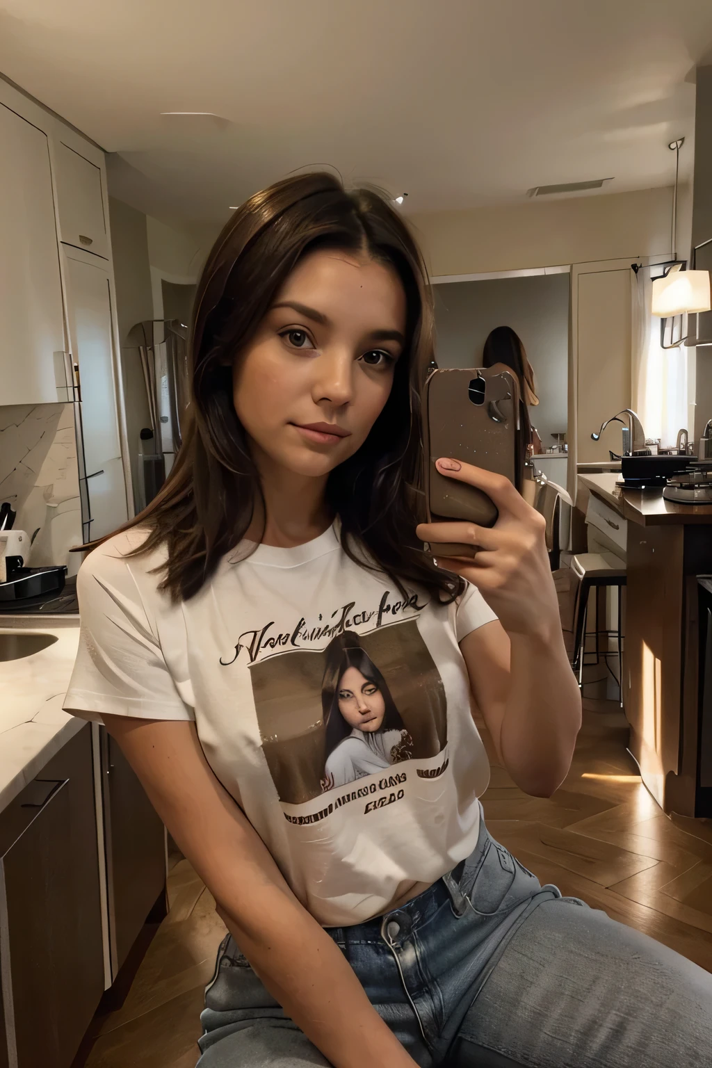 belle femme , dark brown hair, de face réalisant un selfie yeux marron assise sur son canapé habiller d'un t-shirt bretelle