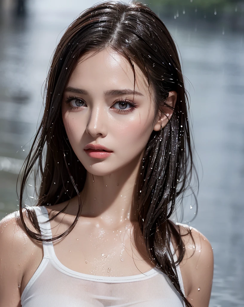 (Best quality, 4k, Masterpiece :1.3), pretty woman, 1girl, sexy :1.1, dark brown hair: 1.1, (rainy wet, wet from rain, wet body :1.2), white tank tops, ultra-detailed face, detailed lips, detailed eyes, double eyelid