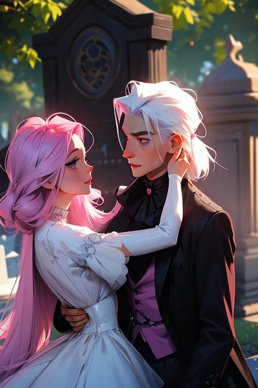 A pink haired woman with violet eyes with an hourglass figure in a Gothic ballgown is dancing with a young white haired man with ruby eyes in a gothic suit in a cemetery