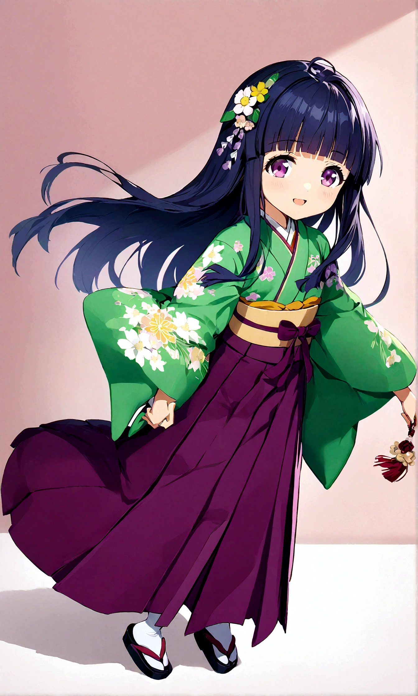 One girl, alone, furude rika, cute, Blue Hair, Purple eyes, Long Hair, blunt bangs, bangs, skirt, hair ornament, japanese clothes, kimono, floral print, hakama, hakama skirt, tabi, purple hakama