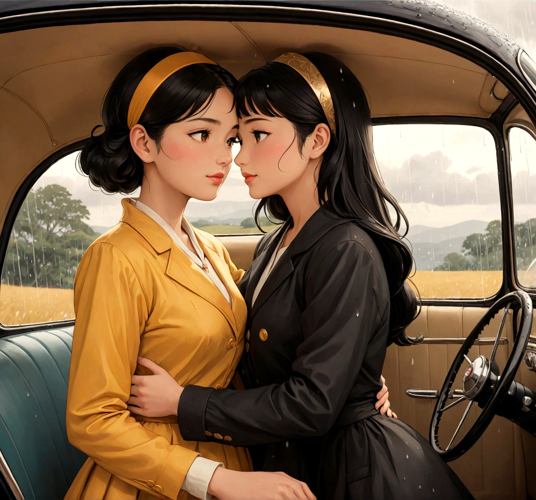 Name "The Loyal Pin (Sarocha Chankimha-Rebeca Armstrong)" in an elegant and dynamic 3D font in metallic gold and Create an idyllic and perfect image in Anime Illustration style, of two women in love, lying inside a car, looking at each other with tenderness and love; One is a beautiful Asian woman with long black hair, dressed in clothes from the 50s and she is being hugged by the other woman, a beautiful British woman with semi-long light brown hair and a headband that matches her clothes, dressed in clothes from the 50s. 50. It's an intimate moment between them. there is love between them. The scene is completed with a very rainy landscape and they are hugging inside the car with the windows fogged up.