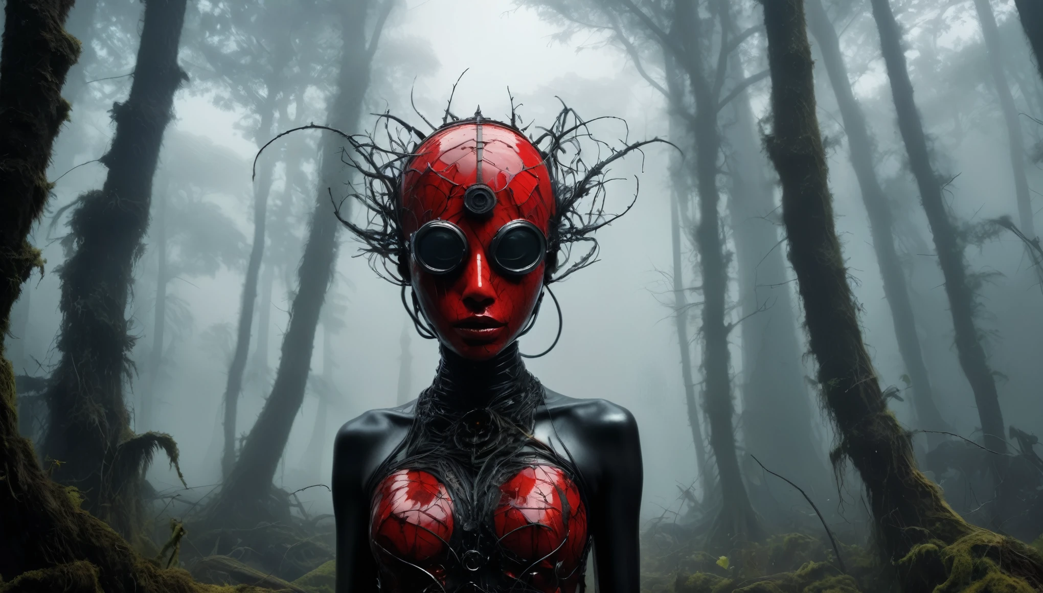 abandoned young graphite junkie's mummy made of dead plants crawling out foggy Louisiana forest, radioactive atmosphere,charcoal mechanical clockwork trees, steampunk dark horror fantasy, ominous landscapes,large number of stars fly towards the viewer,radioactive world,ruined theme,lots of toxic dust,amazon,full body length shot,once pretty face,full body length, eerie atmosphere, ethereal presence, toxic mists, supernatural entities, sinister aura, dark and twisted branches, macabre elements, eerie and ominous lighting,Complicated detail,captivating creation,intricate details,extremely detailed,masterpiece,intricate details,eyes extremely detailed, high detailed eyes,32k resolution, Nikon Z9,After tsunamis,like Stone Forest in Yunnan Province of China,Simon Stalenhag,Nicola Samori,Wangechi Mutu, horror movie, cinematic look, creepy aesthetic, ultra detailed, photorealistic, masterpiece,(professional 3d render:1.3),junkie, red and black, organic outfit with a curved mask and a glass dome visor, fashionable alien junkie, vespertine, futuristic clothing and glass, movie still, avante garde design stylings inspired by red and black squares and curves(Intricate:1.4), decadent