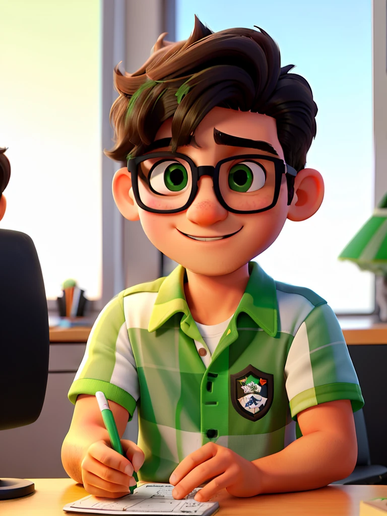 Un chico con cabello oscuro y gafas gordo enojado con un uniforme verde