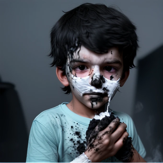 A boy who failed to make a concoction and ended up covered in soot after it exploded