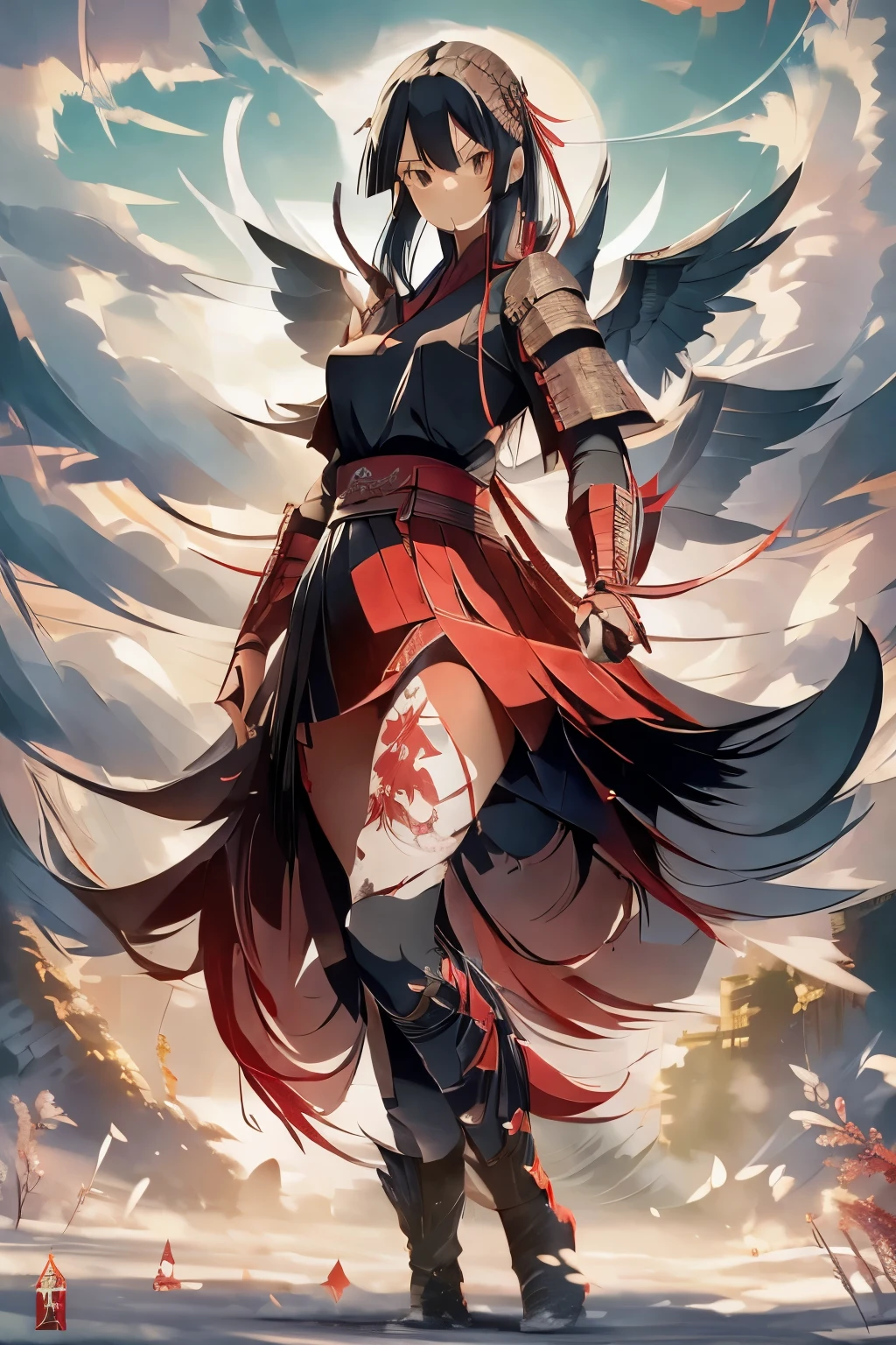 1 girl, black hair, red eyes, full body tatoo, samurai armor, red armor, black wings, (angel wings 2:1), serius face, beautifull face, holding a katana