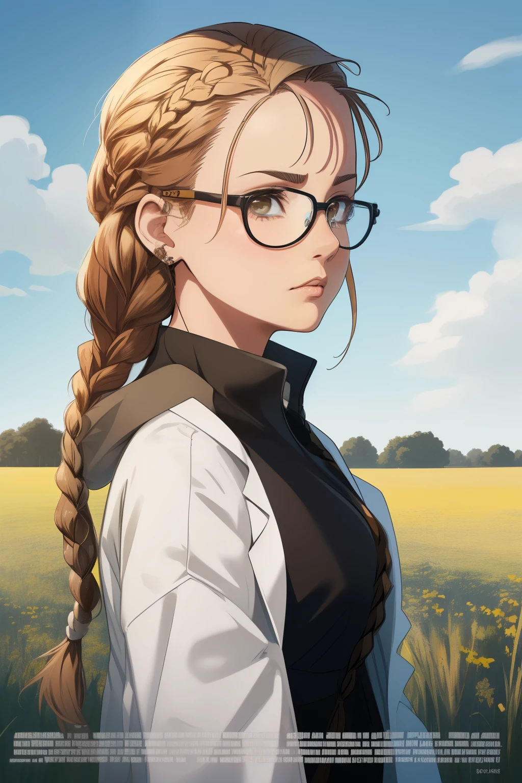 Movie Poster,Single,Most Real,Highest Resolution,Face Resolution,(((Braid Hairstyle: 1.5)),Science Fiction,Sci-Fi,Based on the movie Foundation,View from Front,Angry,Middle-aged Adults,40-Year-Old Women,Black One-Sided Hairstyle,Brown Eyes,(Reference to White Scientist Set :1.5),Filed in the middle of an open meadow with a breeze blowing,Top quality images