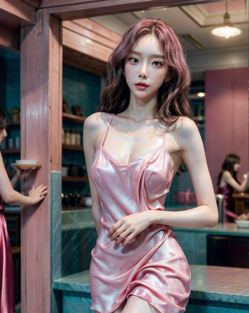 absurdres, RAW photo, extremely delicate and beautiful, masterpiece, Best Quality, ultra high resolution, 32k, hyperrealistic, ultra-detailed, perfect anatomy, perfect figure, Perfect skin, super Detailed skin, muted coral blush, Closed mouth, 20 years old, very Slim body, narrow waist, very small head, very small face, delicate facial features, tearful mole, earring, thin legs, bare legs, (((very huge round breasts))), short medium hair, brown braid hair, ((wavy hair)), (1girl:1.6), (Anatomically correct), (Plump nipples), day light, ((coffeeshop)), Attractive pose, ((Silk hot pink dress:1.3)), ((tightly dress)), ((laced dress)),