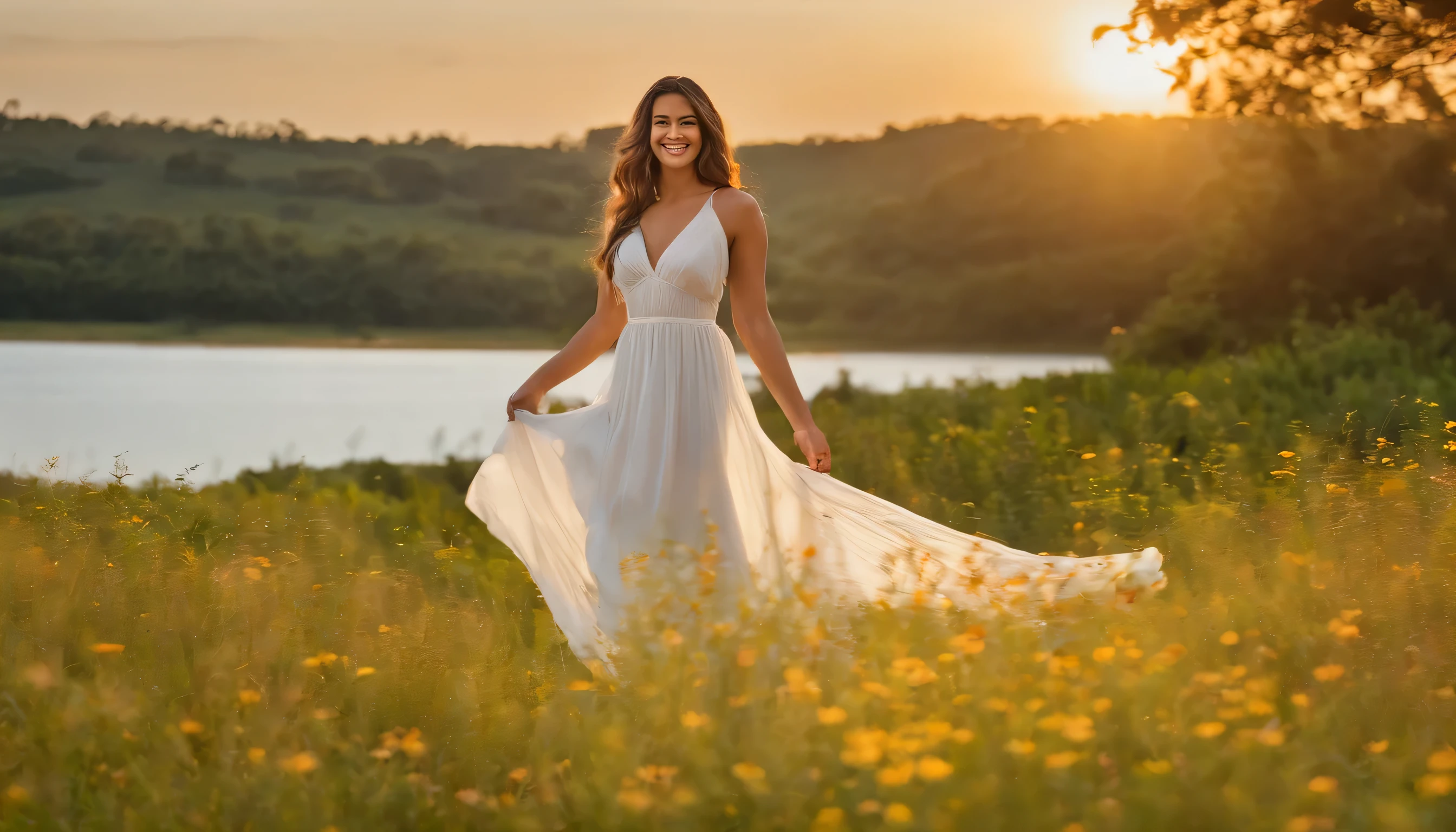 Uma jovem, de aproximadamente 20 anos, com cabelos longos e cacheados, pele clara e olhos verdes, Wearing a long flowing dress, smiling radiantly at the camera. She's standing in a verdant field, with colorful wildflowers and a blue sky with fluffy white clouds in the background. A paisagem ao longe mostra um lago cristalino, com montanhas majestosas e verdejantes nas margens. The sun is shining softly, criando um brilho dourado na cena. A imagem tem um estilo realista e vibrante, com foco nos detalhes da natureza e na beleza da jovem.