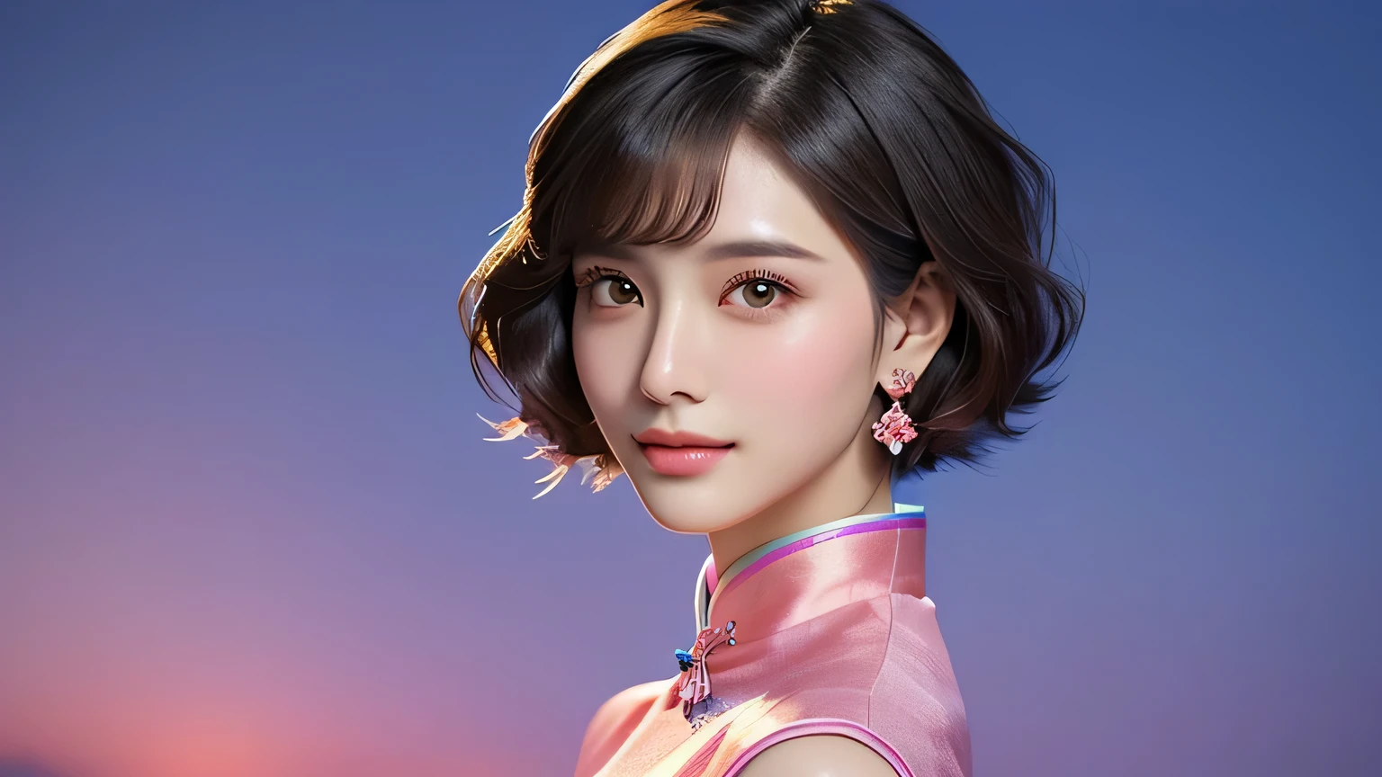 Arabic style image of a woman in a pink dress with blue flowers in her hair, Short hair, High-quality portraits, Inspired by Yanjun Chen, Medium Short Hair, Young and pretty Asian face, Yanjun Chent, Chinese Girl, Chin-length hair, Gorgeous face portrait, Beautiful portrait, Beautiful Asian Faces, Beautiful Korean Women、Photorealistic,