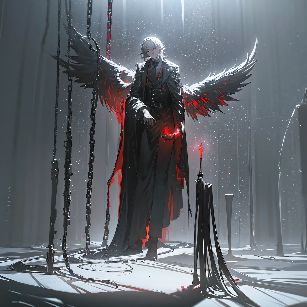 a male fallen angel on his knees looking at the floor, black wings, chains, gray hair, red glowing eyes, white skin, intricate details, chiaroscuro lighting, dark fantasy, cinematic, dramatic, high contrast, moody,realistic, photorealistic, 8k, best quality, masterpiece