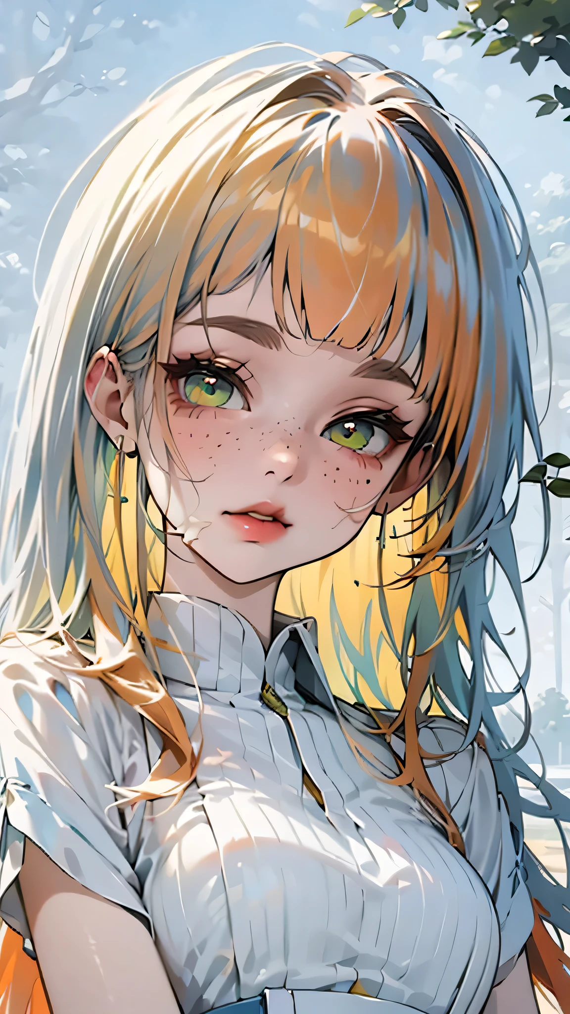 ((best quality)), ((masterpiece)), (detailed), 1 girl, white woman, large, bright green eyes, freckles on her face, long straight orange hair, orange bangs on her forehead, clothes colorful and casual, in the middle of nature, wearing a cute dress anime animation style