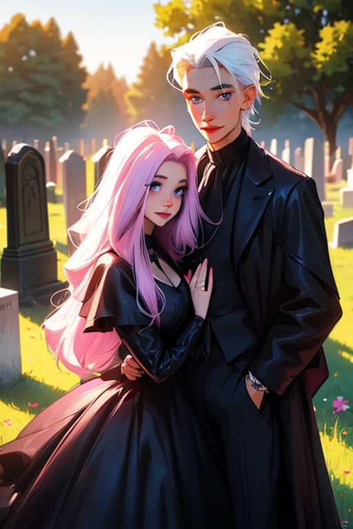 A pink haired woman with violet eyes with an hourglass figure in a Gothic ballgown is posing with a young white haired man with ruby eyes in a gothic suit in a cemetery with big smiles