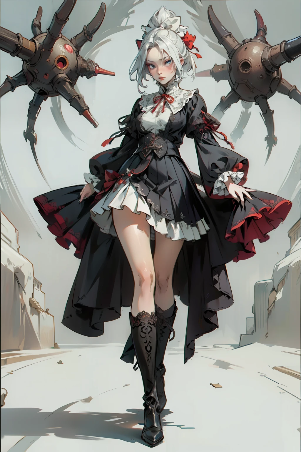 (((masutepiece, of the highest quality, super detailed))), a knight, white background, plain background, Bloodborne inspired, Bloodborne, occult aesthetic, occult, NSFW, red and white clothing detailed and intricate steampunk and detailed gothic, NSFW, Complex mechanical boots above the knee, Fluttering lace flared mini skirt, Fluttering lace flared long knee length dress with frilly petticoats, knee length dress, pleated petticoats, petticoats gothic, complex lace boots, NSFW, beautiful small breasts, Silver hair swaying in the wind, Emitting a dazzling light in a mandala pattern, white background, Very dramatic and cinematic lighting, red and white clothing, full body, whole body, body, cosmic horror