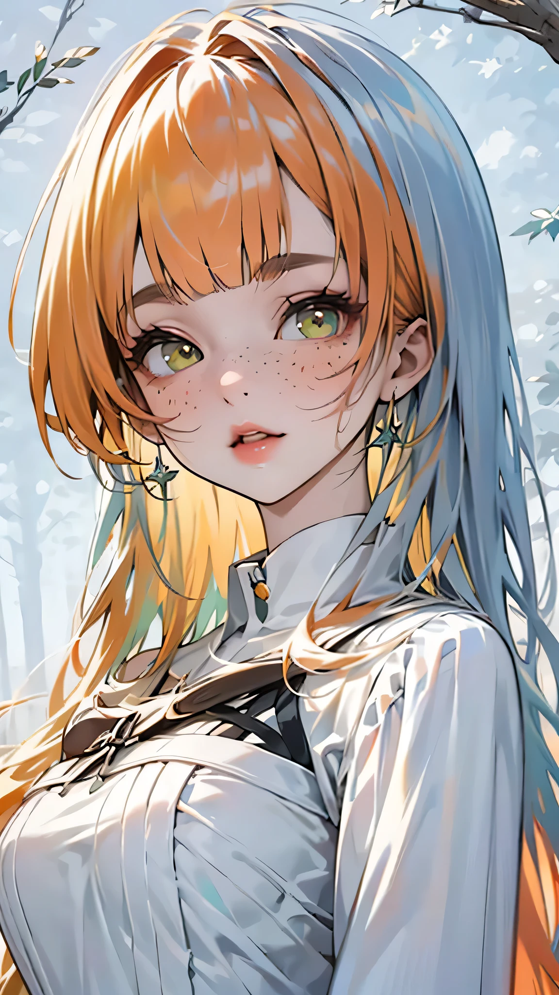 ((best quality)), ((masterpiece)), (detailed), 1 girl, white woman, large, bright green eyes, freckles on her face, long straight orange hair, orange bangs on her forehead, clothes colorful and casual, in the middle of nature, wearing a cute dress anime animation style
