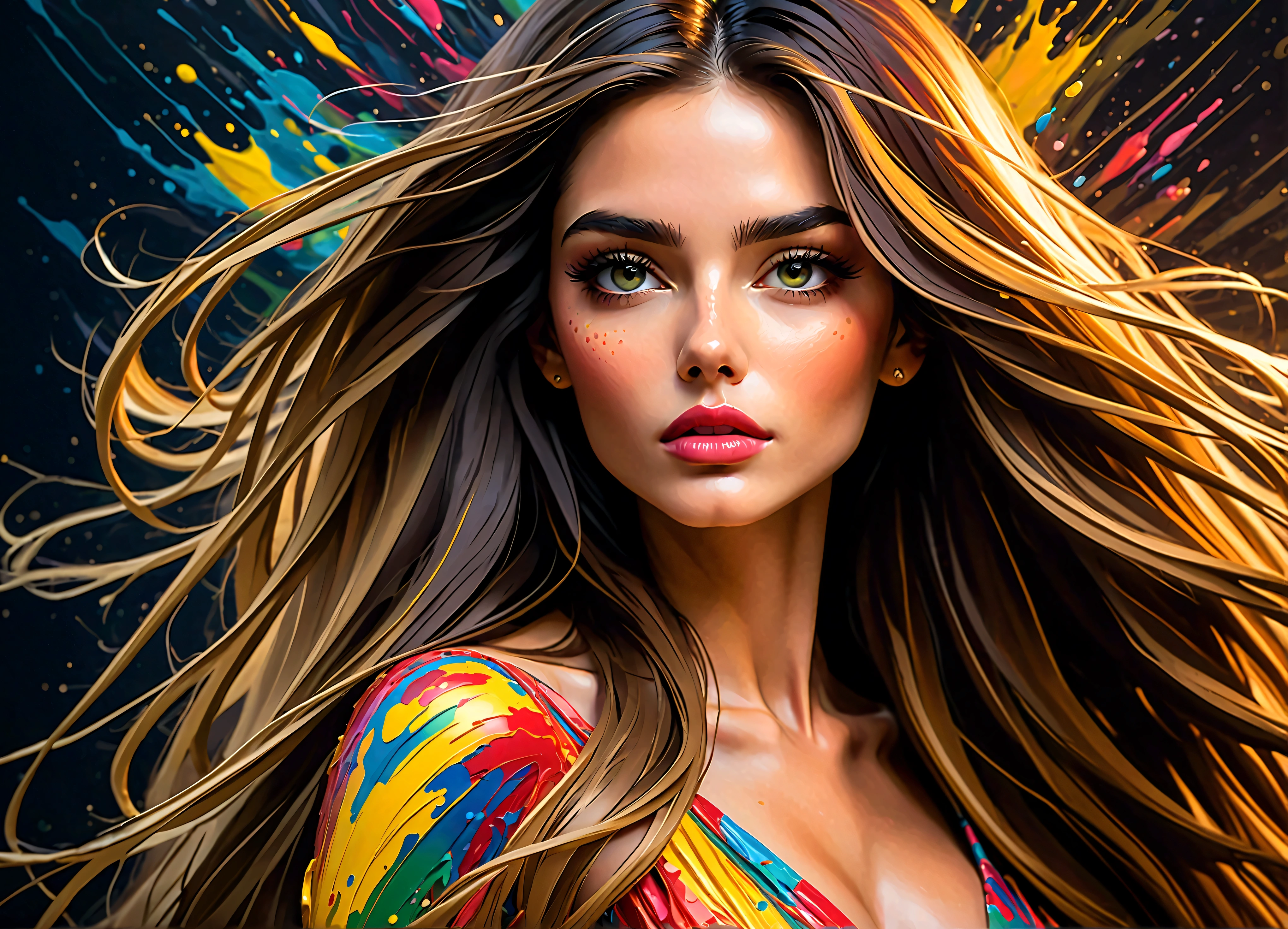 impressionist impasto, various width and weight strokes, thick applications, textured surface, multi-color fragmented elements, woman, detailed eyes and lips, long hair, intense gaze, angled side front profile, vibrant flowing dress, abstract splashes and splatters, vertical gold specks and drops, dark background, lively and dynamic composition, modern, elegant, dreamlike, breathtaking, signature by supersy, vibrant, portrait photography, cinematic, photo, poster, painting, illustration