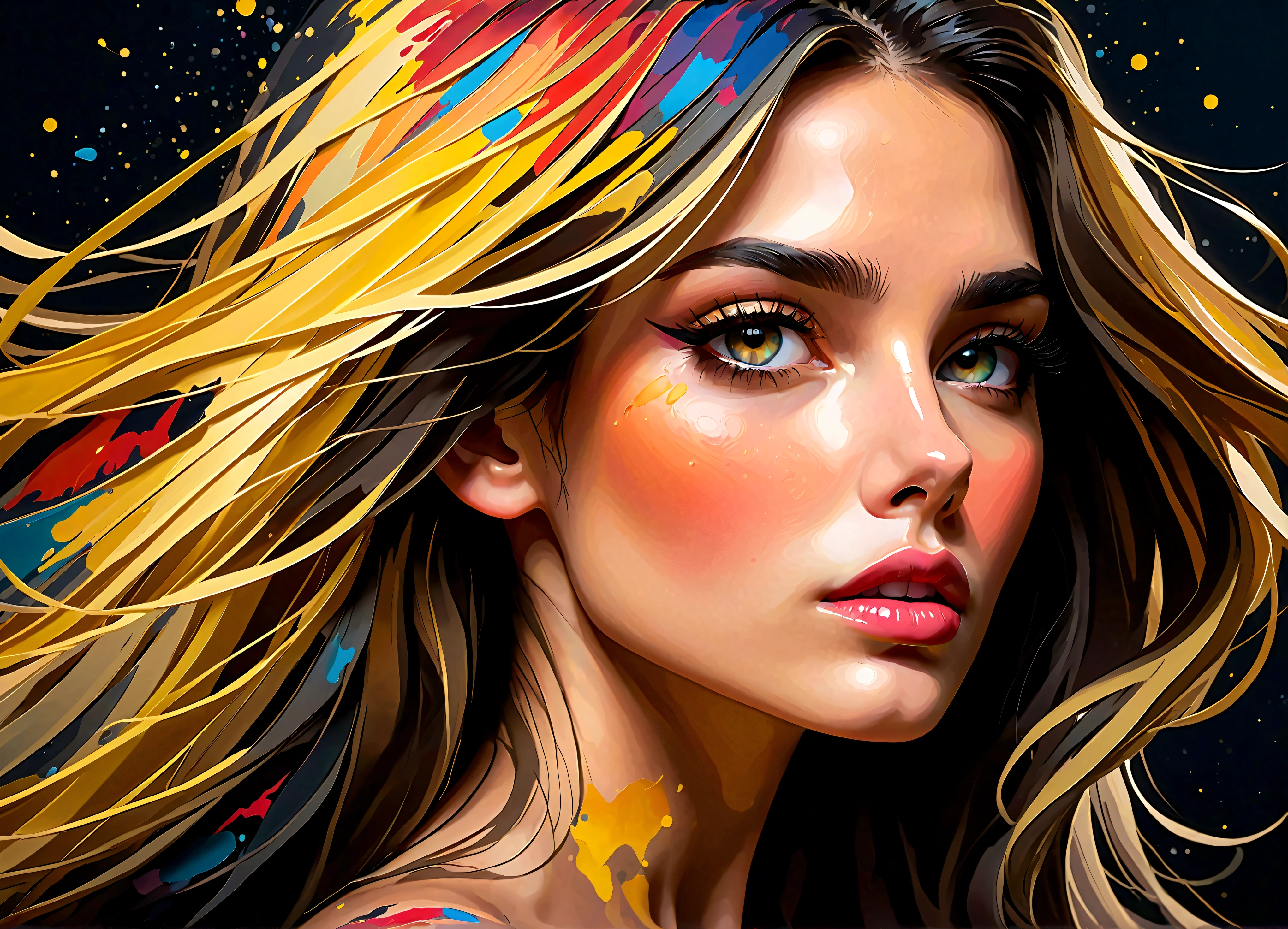 impressionist impasto, various width and weight strokes, thick applications, textured surface, multi-color fragmented elements, woman, detailed eyes and lips, long hair, intense gaze, angled side front profile, vibrant flowing dress, abstract splashes and splatters, vertical gold specks and drops, dark background, lively and dynamic composition, modern, elegant, dreamlike, breathtaking, signature by supersy, vibrant, portrait photography, cinematic, photo, poster, painting, illustration