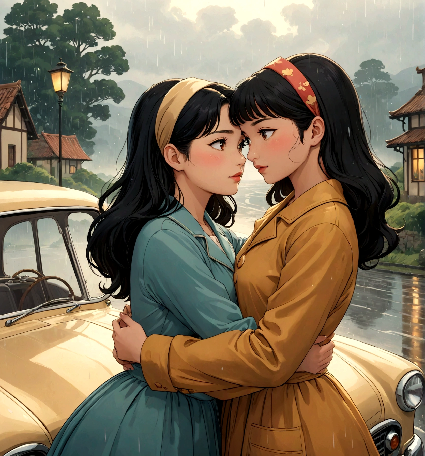 Name "The Loyal Pin (Sarocha Chankimha-Rebeca Armstrong)" in an elegant and dynamic 3D font in metallic gold and Create an idyllic and perfect image in Anime Illustration style, of two women in love, lying inside a car, looking at each other with tenderness and love; One is a beautiful Asian woman with long black hair, dressed in clothes from the 50s and she is being hugged by the other woman, a beautiful British woman with semi-long light brown hair and a headband that matches her clothes, dressed in clothes from the 50s. 50. It's an intimate moment between them. there is love between them. The scene is completed with a very rainy landscape and they are hugging inside the car with the windows fogged up.