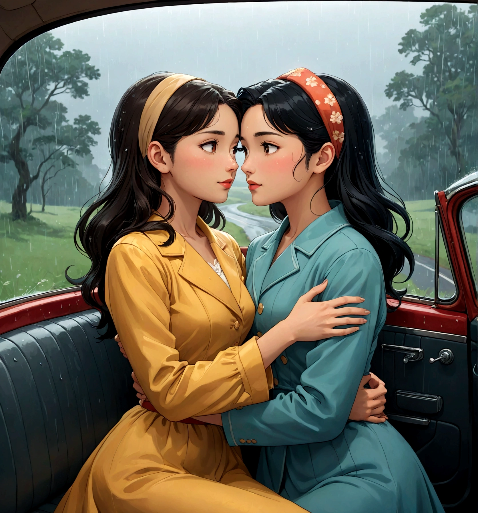 Name "The Loyal Pin (Sarocha Chankimha-Rebeca Armstrong)" in an elegant and dynamic 3D font in metallic gold and Create an idyllic and perfect image in Anime Illustration style, of two women in love, lying inside a car, looking at each other with tenderness and love; One is a beautiful Asian woman with long black hair, dressed in clothes from the 50s and she is being hugged by the other woman, a beautiful British woman with semi-long light brown hair and a headband that matches her clothes, dressed in clothes from the 50s. 50. It's an intimate moment between them. there is love between them. The scene is completed with a very rainy landscape and they are hugging inside the car with the windows fogged up.