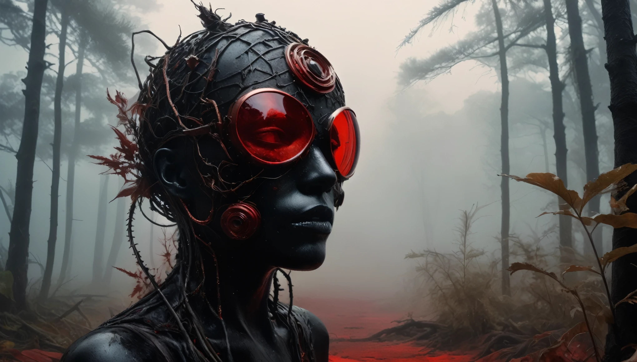 abandoned young graphite junkie's mummy made of dead plants crawling out foggy Louisiana forest, radioactive atmosphere,charcoal mechanical clockwork trees, steampunk dark horror fantasy, ominous landscapes,large number of stars fly towards the viewer,radioactive world,ruined theme,lots of toxic dust,amazon,full body length shot,once pretty face,full body length, eerie atmosphere, ethereal presence,  toxic mists, supernatural entities, sinister aura, dark and twisted branches, macabre elements, eerie and ominous lighting，Complicated detail,captivating creation,intricate details,extremely detailed,masterpiece,intricate details,eyes extremely detailed, high detailed eyes,32k resolution, Nikon Z9,After tsunamis,like Stone Forest in Yunnan Province of China,Simon Stalenhag,Nicola Samori,Wangechi Mutu, horror movie, cinematic look, creepy aesthetic, ultra detailed, photorealistic, masterpiece,(professional 3d render:1.3),junkie, red and black, organic outfit with a curved mask and a glass dome visor, fashionable alien  junkie, vespertine, futuristic clothing and glass, movie still, avante garde design stylings inspired by red and black squares and curves(Intricate:1.4), decadent
