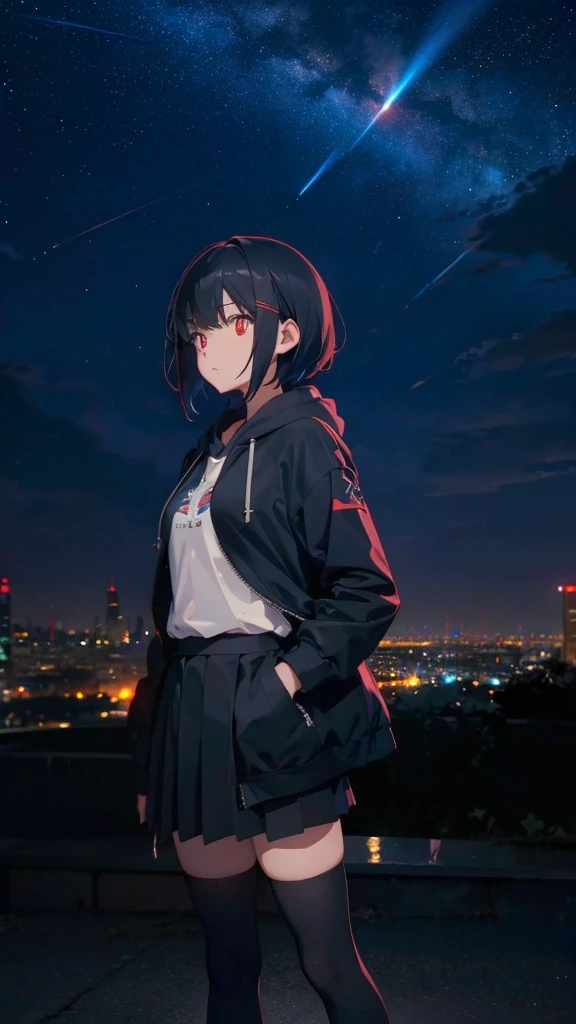 zettai ryouiki, Hoodie,short hair, Black hair, Flat chest, 1cat Red eyes,hair pin,Solo,full body, highres,blue sky,City,Looking up at the shining star,Looking up at the sky,night,Starry Sky,Shining Milky Way,moon,Back view,The person is half of the screen,There is no one,Landscape only