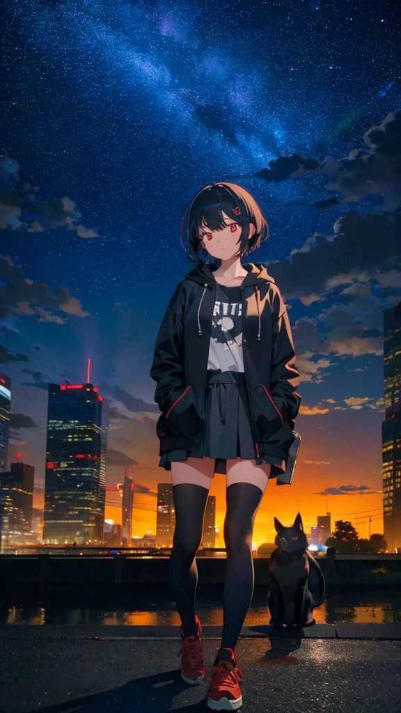 zettai ryouiki, Hoodie,short hair, Black hair, Flat chest, 1cat Red eyes,hair pin,Solo,full body, highres,blue sky,City,Looking up at the shining star,Looking up at the sky,night,Starry Sky,Shining Milky Way,moon,Back view,The person is half of the screen,There is no one,Landscape only