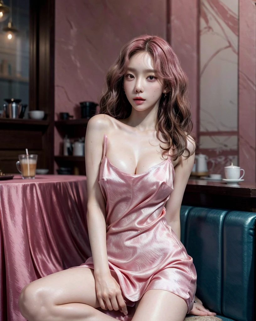 absurdres, RAW photo, extremely delicate and beautiful, masterpiece, Best Quality, ultra high resolution, 32k, hyperrealistic, ultra-detailed, perfect anatomy, perfect figure, Perfect skin, super Detailed skin, muted coral blush, Closed mouth, 20 years old, very Slim body, narrow waist, very small head, very small face, delicate facial features, tearful mole, earring, thin legs, bare legs, (((very huge round breasts))), short medium hair, brown braid hair, ((wavy hair)), (1girl:1.6), (Anatomically correct), (Plump nipples), day light, ((coffeeshop)), Attractive pose, ((Silk hot pink dress:1.3)), ((tightly dress)), ((laced dress)),