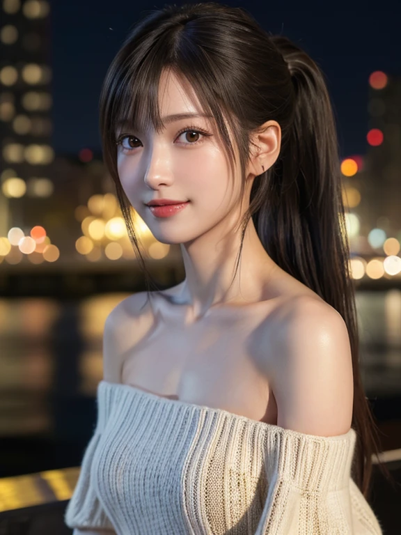 1 Japanese girl,(Off-the-shoulder knit:1.4), (RAW Photos, highest quality,8K), (Realistic, Realistic:1.4), Very delicate and beautiful, Very detailed, wonderful, In detail, Very detailedなCG Unity, High resolution, Soft Light, 美しくIn detail描かれた19歳の少女, Very detailedな目と顔, Beautiful and detailed nose, Real skin texture、Beautiful details,Cinema Lighting,City lights at night,Perfect Anatomy,Golden Ratio、Slender body,Large Breasts、A sparkling smile (My hair is messy, Asymmetrical bangs, Black Hair,ponytail)