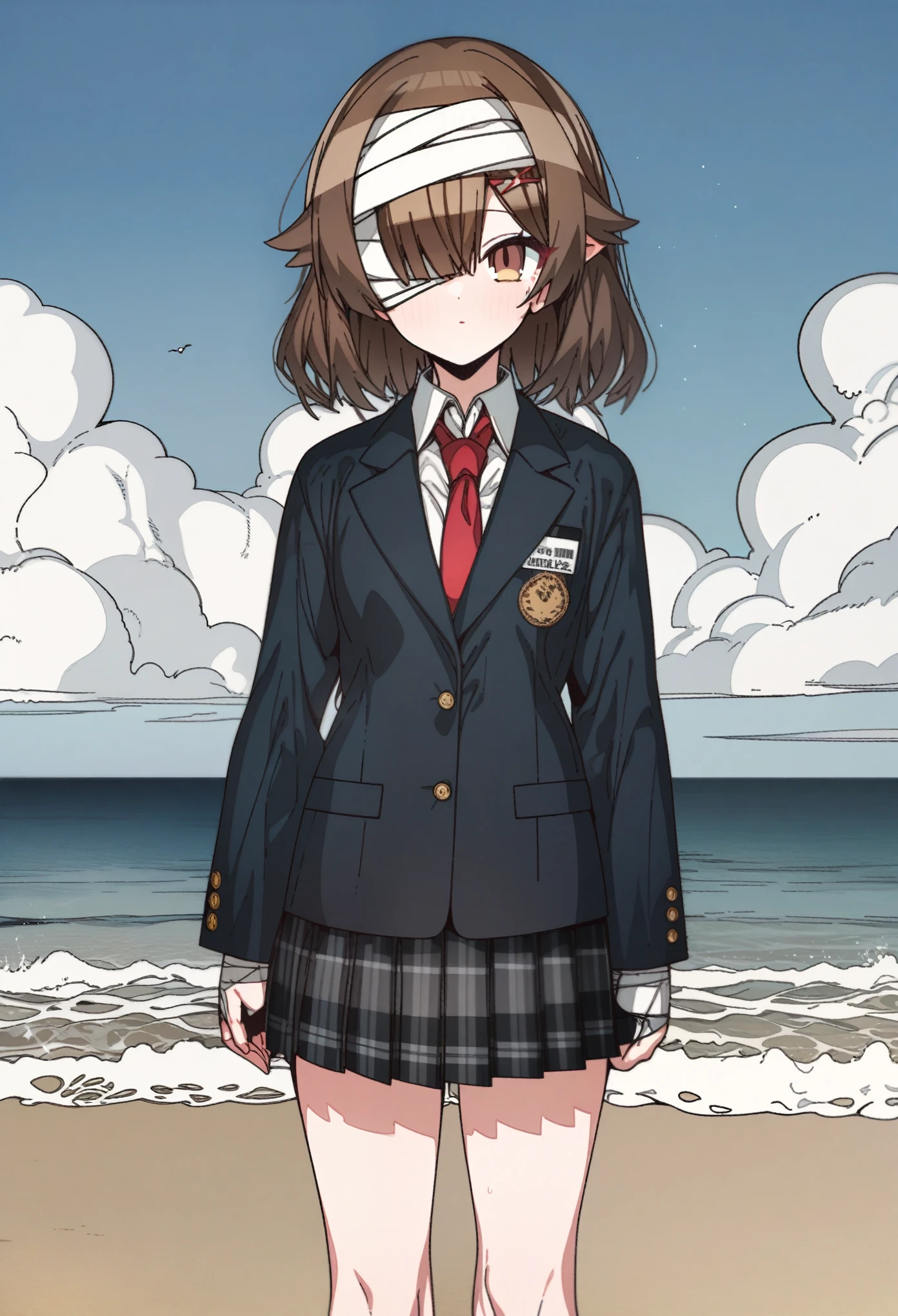 hoshino_(blue_archive) with brown hair and brown eyes, Artist, erere, Copyrights, idolmaster, idolmaster_shiny_colors, Character, General, 1girl, brown_hair, blunt_bangs, blush, medium_breasts, breasts, detailed eyelashes, beautiful girl:1, brown_eyes, censored, clouds, detailed background, school_uniform, black_sleeves, pleated skirt:1.2, blazer, hair_clip, medium_hair, red tie, medium shot photography:1.1, standing in middle:1.1, sea, sky:1.5, round_eyes, detailed, outdoors, looking_at_viewer, masterpiece, best_quality, great_quality, girl, solo, center_composition, centered character, cute, (bandages_over_one_eye, bandaged_head), standing on the beach in the air