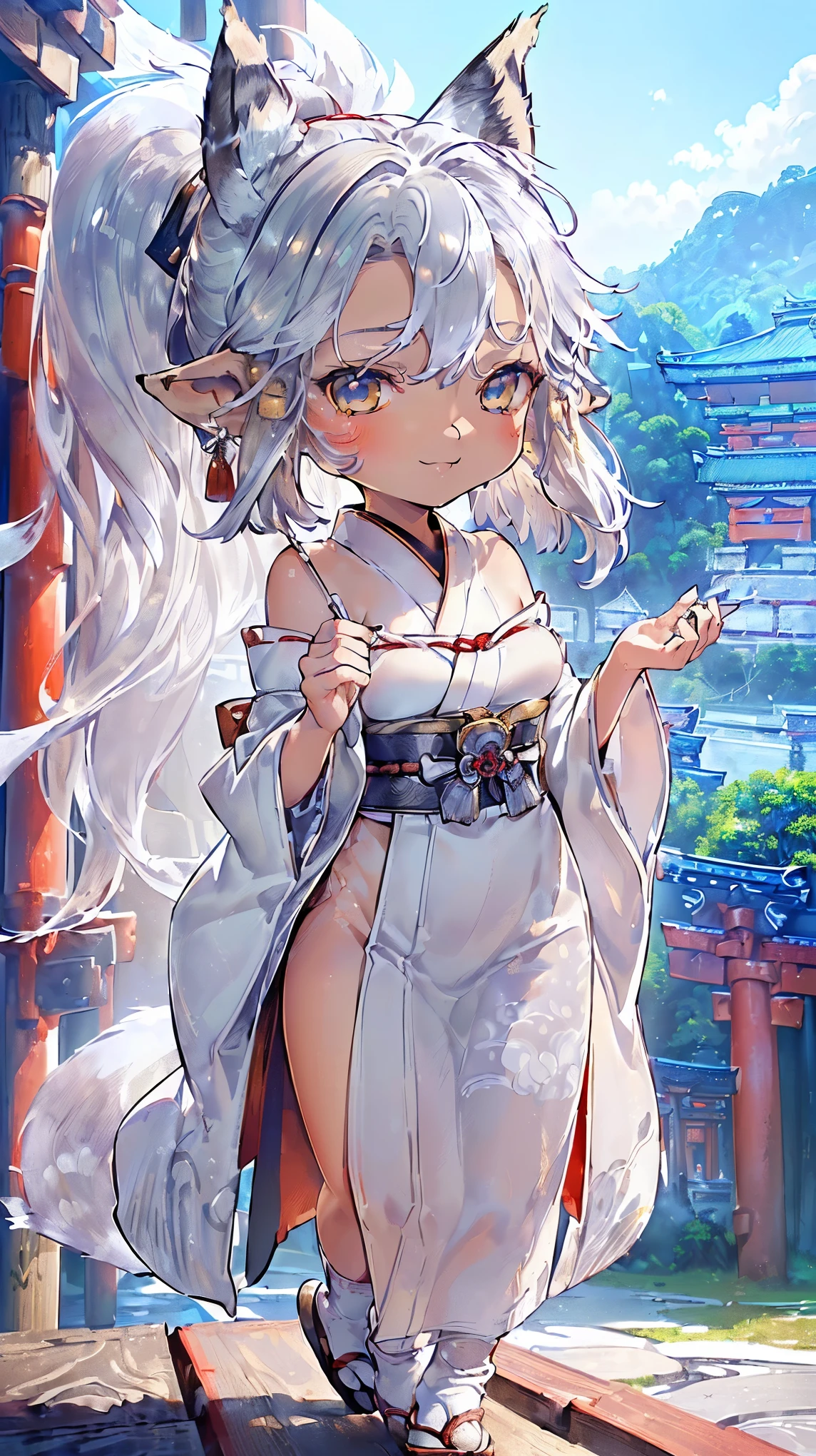 (((Masterpiece))), (((Highest quality))), ((Ultra-detailed)), ((Super fine illustration)), ((Ultra-fine painting)), (16K highest quality wallpaper:1.4), (Chibi:2.0), (Full body:1.6), (from front:1.2), HDR, (Highly detailed and delicate illustration style:1.8), Detailed skin texture, Detailed cloth texture, Extreme detailed description, (Highly detailed face:1.4), (Highly detailed beautiful silver fox ears:1.4), (Highly detailed beautiful low-ponytail:1.2), (Highly detailed beautiful eyes:1.2), Original, Intricate details, Super details, Direct light:1.6, (Perfect anatomy:1.4), (Highly detailed hands:1.2), (Highly detailed fingers:1.2), (Highly detailed fingertips:1.2), (Sexy), (Sexy), (27-years-old), Real, (Solo:1.6), ((A very beautiful and attractive silver (fox:1.4) female fashion model:1.4)) BRAKE (Beautiful and adorable silver fox ears:1.8), (Highly detailed and delicate silver fox ears:1.6), (Beautiful and well-shaped big breasts:1.3), (Beautiful and well-shaped buttocks), (Beautiful and shiny silver low-ponytail:1.6), (Highly detailed and delicate silver low-ponytail:1.2), (Beautiful and clear blue eyes:1.6), (Highly detailed and delicate blue eyes:1.2), (Highly detailed face:1.4), (Smile:1.5), (Blush:1.3), (Looking at viewer:1.4), (Celebration:1.4), (Standing:1.2) BRAKE ((Bright white and red) sacred traditional Japanese shrine maiden costume off-the-shoulder:1.4), (Off-the-shoulder Japanese divine traditional costume:1.2) BRAKE ((Highly detailed and beautiful Ise Grand Shrine in Mie Prefecture just after noon in the background:1.6), Highly beautiful in the sunny sky background just after noon:1.2) BRAKE (NSFW) BRAKE 