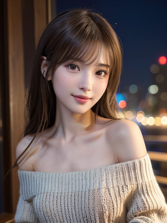 1 Japanese girl,(Off-the-shoulder knit:1.4), (RAW Photos, highest quality,8K), (Realistic, Realistic:1.4), Very delicate and beautiful, Very detailed, wonderful, In detail, Very detailedなCG Unity, High resolution, Soft Light, 美しくIn detail描かれた19歳の少女, Very detailedな目と顔, Beautiful and detailed nose, Real skin texture、Beautiful details,Cinema Lighting,City lights at night,Perfect Anatomy,Golden Ratio、Slender body,Large Breasts、A sparkling smile (My hair is messy, Asymmetrical bangs, Brown Hair,Medium)