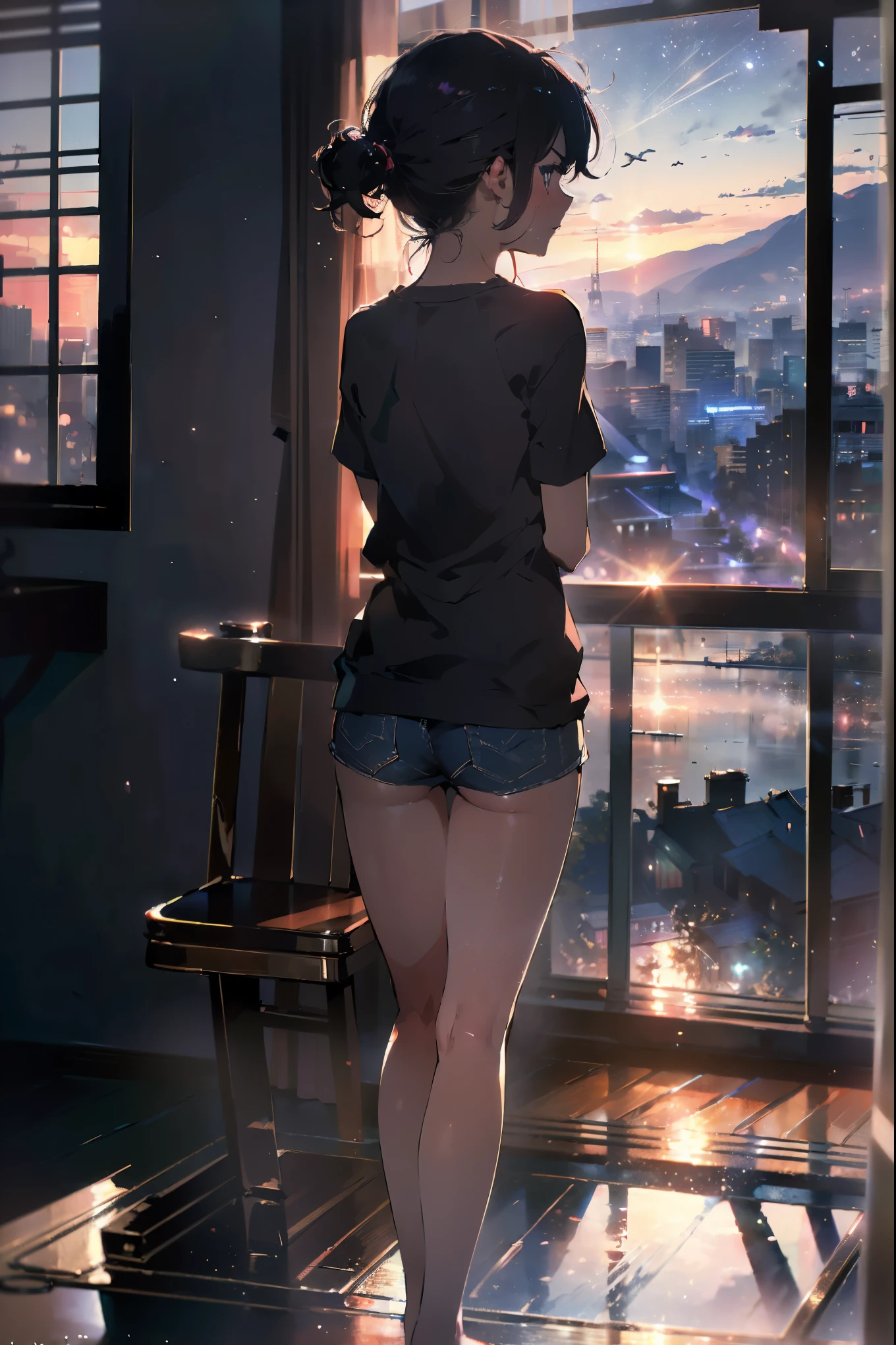 masutepiece, High quality, girl, Big clothes, Underwear with a small area, Comfortable clothing, Night, Sunset, A small room with a panoramic view of the starry sky, You can see the beautiful night view....,Distracting and messing with something,Thrust your butt up,Be an ass,Half down his pants,((best quality)), ((masterpiece)), (detailed), perfect face, ((16yo teen girl)), ((skimpy pyjama top)), (((bare ass))), ((view from back)), ((cute little ass)), skinny waist, skinny thighs, loungeroom, ((embarrassed:1.5)), ((blushing:1.2)), (((bending over)))