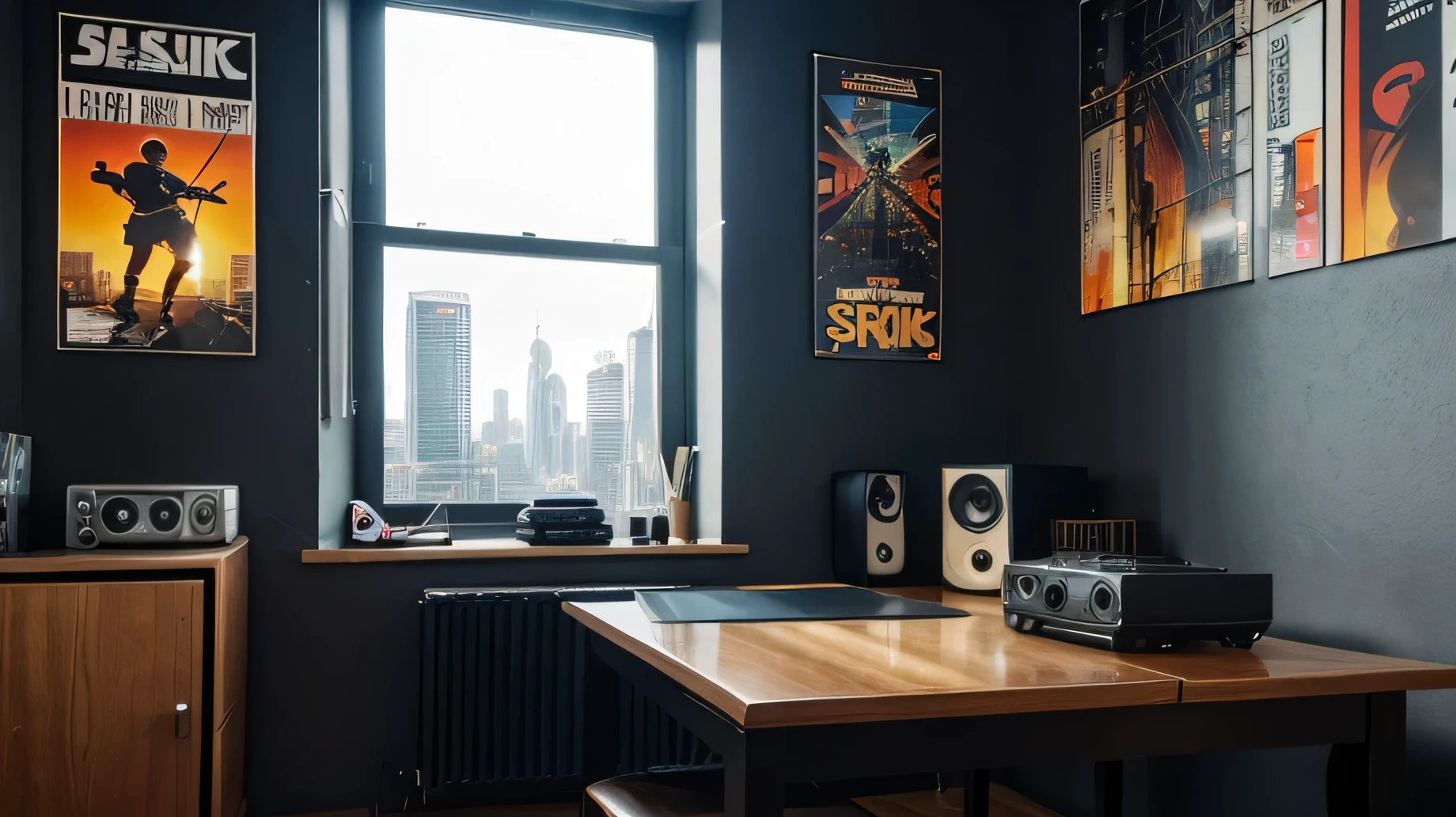Background: Cityscape outside the window, creating the atmosphere of a big city and a dynamic rhythm of life.
Work zone: In the foreground is a table with a laptop., open books and notebooks, demonstrating an active learning process.
Musical elements: There may be headphones and a speaker in the corner of the table, symbolizing musical accompaniment. You can also add vinyl records or cassettes as elements of hip-hop culture.
details: Posters or graffiti on walls, inspired by hip-hop culture, will add an atmosphere of creativity and motivation.
Colours: Use dark and rich colors with bright accents, which symbolize energy and focus.