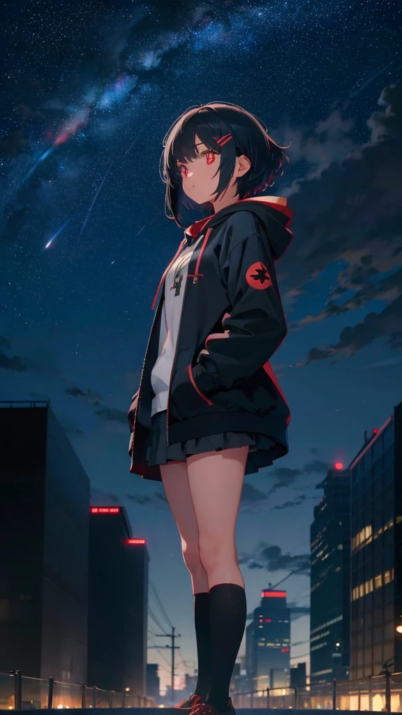 zettai ryouiki, Hoodie,short hair, Black hair, Flat chest, 1girl and 1cat Red eyes,s girl,hair pin,Solo,full body, highres,blue sky,City,Looking up at the shining star,Looking up at the sky,night,Starry Sky,Shining Milky Way,moon,