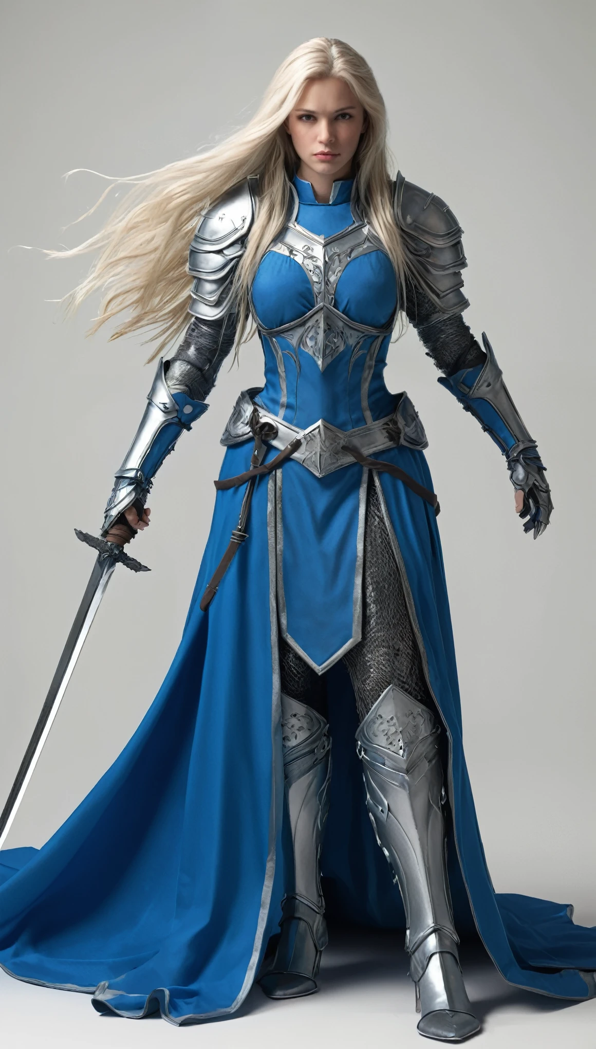 This female human lets you convince a beast that you mean no harm. Iron armor, blue clothes, White and long hair, choose a sword that you can see within range. she must see and hear you. if the beast&#39;s intelligence is 4 or higher, a magia falha. otherwise, the beast must succeed on a wisdom saving throw or be charmed by you for the spell&#39;s duration. if you or one of your companions harm the target, a magia termina, full body, feets, battle pose