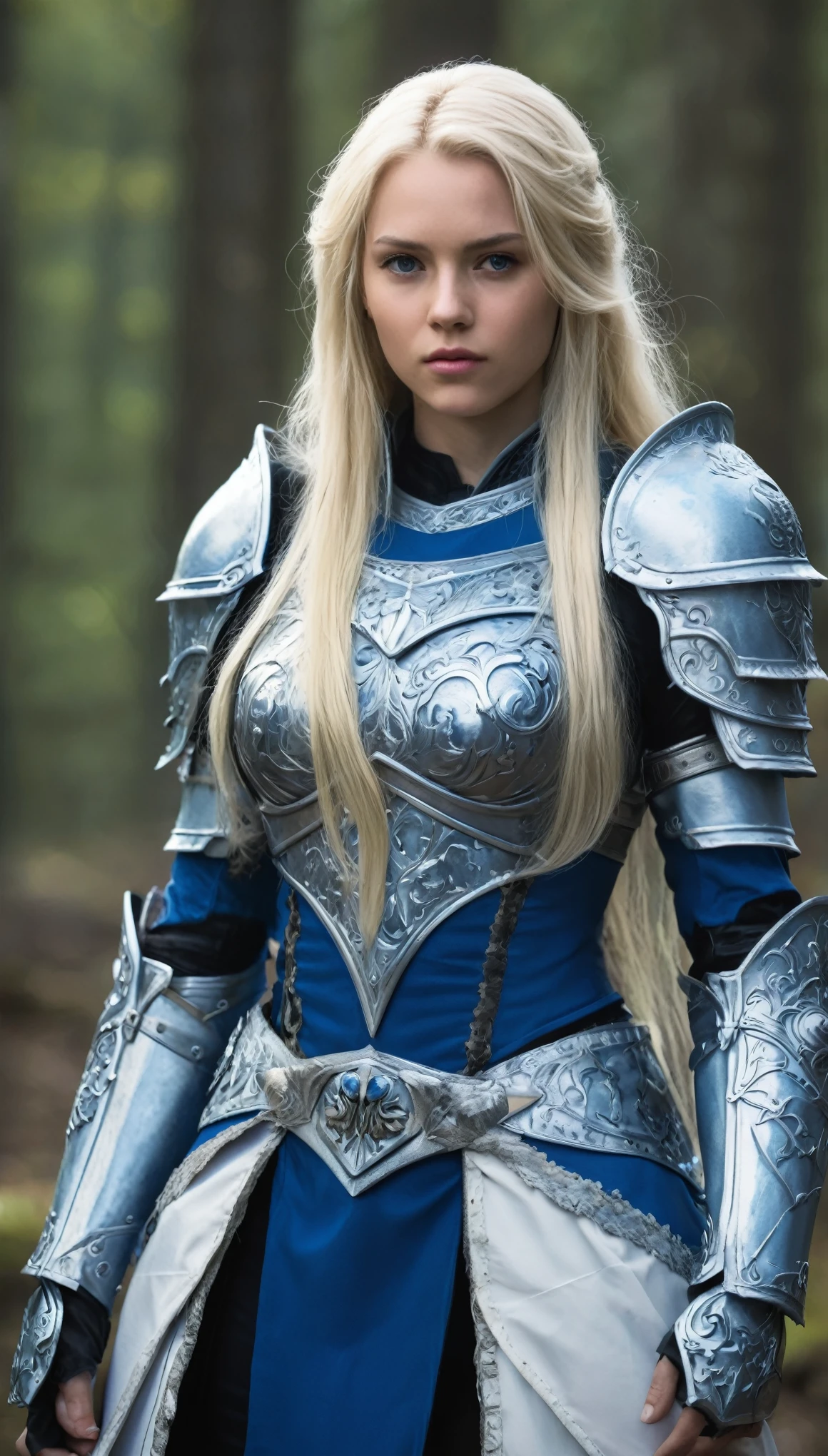 This female human lets you convince a beast that you mean no harm. Iron armor, blue clothes, White and long hair, choose a sword that you can see within range. she must see and hear you. if the beast's intelligence is 4 or higher, a magia falha. otherwise, the beast must succeed on a wisdom saving throw or be charmed by you for the spell's duration. if you or one of your companions harm the target, a magia termina, full body, feets, battle pose