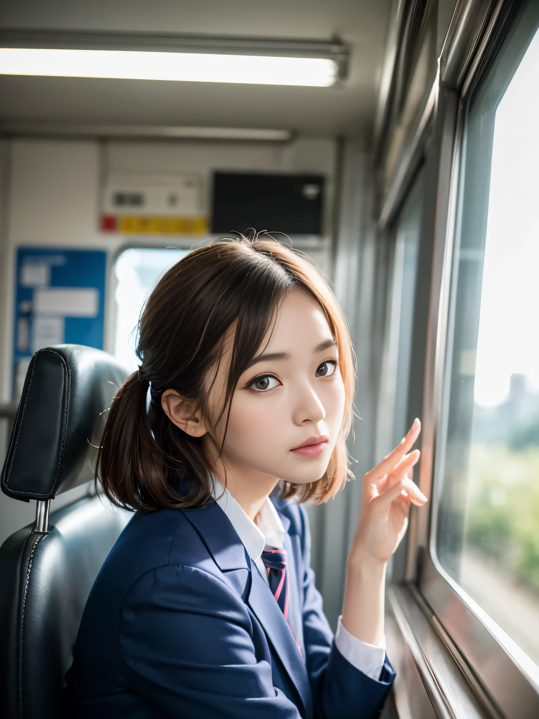 (masterpiece:1.3), (8k, Photorealistic, RAW Photos, Best image quality: 1.4)、(Random hairstyle:1.2)、Super detailed face、Pay attention to the details、double eyelid、、Sharp focus:1.2、Beautiful woman:1.4、Light brown hair、highest quality、masterpiece、超A high resolution、(Photorealistic:1.4)、Very detailed and professionally lit smile、thin、Serious expression、Deadly position,whole body,Concentrated,(8k, RAW Photos, highest quality, masterpiece: 1.2, Realistic, photoRealistic, Photon Mapping, Photon Mapping, photoRealistic, Very detailed, Professional Lighting, Low Angle: 1.2), (1 girl), (alone: 1.5), (whole body), (Height: 170cm), (22 year old high school girl),(Inside the train), (Japanese High School Uniform), (Dark Blue Blazer: 1.2), (Checkered short skirt: 1.2), (White shirt for students), (tie: 1.2), (Sitting, I&#39;looking forward to it), (Open your thighs: 1.2), (Light brown medium hair), (Black Loafers: 1.2), (Beautiful Face: 1.2), (Perfect balance: 1.2), (Long legs: 1.2), (Clear Skin), Beautiful body, Very detailed,Voyeur,Natural perspective,Find other places,Glare