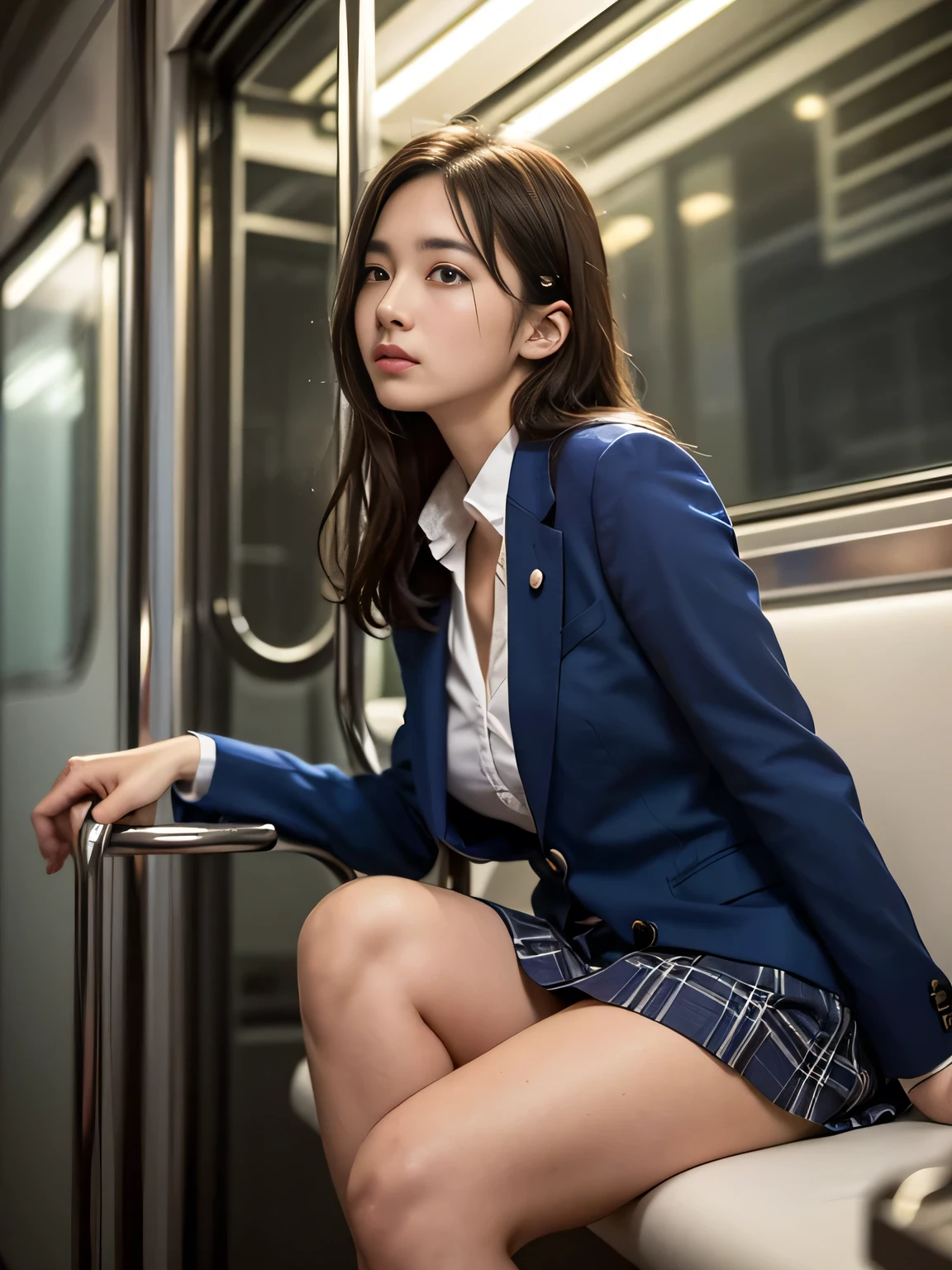 (masterpiece:1.3), (8k, Photorealistic, RAW Photos, Best image quality: 1.4)、(Random hairstyle:1.2)、Super detailed face、Pay attention to the details、double eyelid、、Sharp focus:1.2、Beautiful woman:1.4、Light brown hair、highest quality、masterpiece、超A high resolution、(Photorealistic:1.4)、Very detailed and professionally lit smile、thin、Serious expression、Deadly position,whole body,Concentrated,(8k, RAW Photos, highest quality, masterpiece: 1.2, Realistic, photoRealistic, Photon Mapping, Photon Mapping, photoRealistic, Very detailed, Professional Lighting, Low Angle: 1.2), (1 girl), (alone: 1.5), (whole body), (Height: 170cm), (22 year old high school girl),(Inside the train), (Japanese High School Uniform), (Dark Blue Blazer: 1.2), (Checkered short skirt: 1.2), (White shirt for students), (tie: 1.2), (Sitting, I'looking forward to it), (Open your thighs: 1.2), (Light brown medium hair), (Black Loafers: 1.2), (Beautiful Face: 1.2), (Perfect balance: 1.2), (Long legs: 1.2), (Clear Skin), Beautiful body, Very detailed,Voyeur,Natural perspective,Find other places,Glare