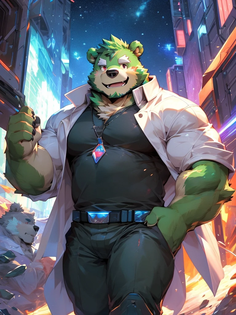 masterpiece, high quality, anime, detailed eyes, male jinpei, anthro, bear, Great physique, strong arms manly, in the Space, Walking in the city, Future city, Casual suit, (((green bear))), (((green fur))), green hair, beard, white eyebrows, bald, detailed red eyes, tall, (Rainbow Spark), Shimmering crystal flower, Joyful, (black t-shirt inside), (((white unhooded trench coat ))), by zixiong, by null-ghost, by pino daeni